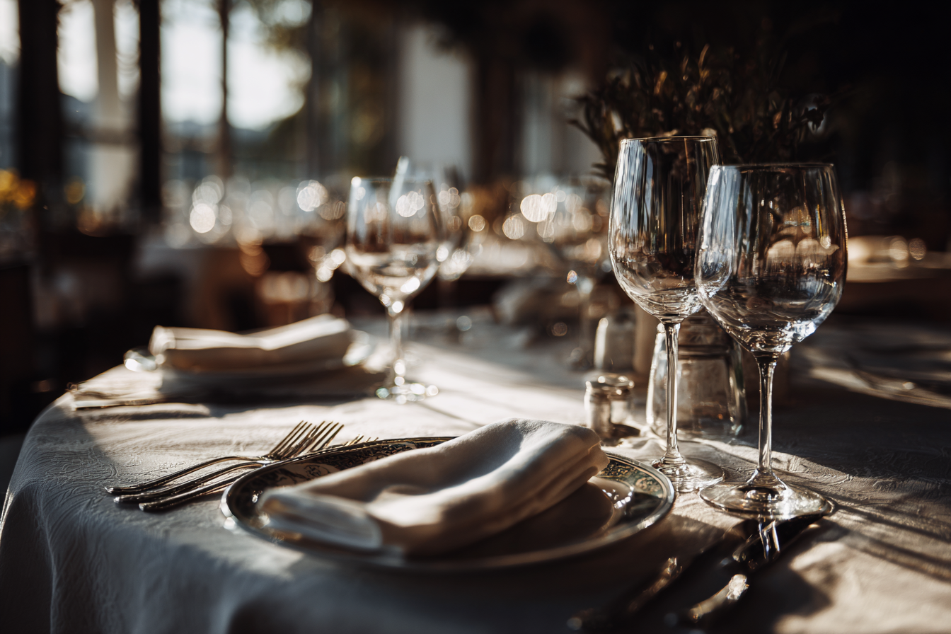 Mesa elegantemente posta em um restaurante, com talheres prateados, guardanapos brancos dobrados e copos de vidro brilhantes, criando uma atmosfera sofisticada e acolhedora. A luz suave do sol ilumina a cena, destacando os detalhes da decoração.