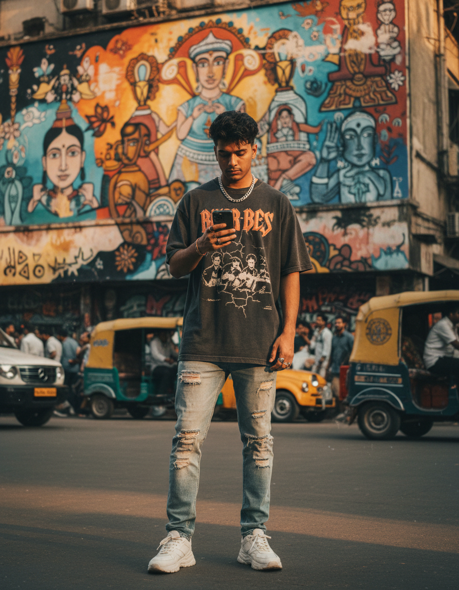 A young man stands confidently on a busy street, engrossed in his smartphone