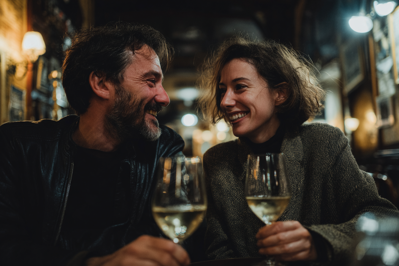 A imagem retrata um ambiente acolhedor e íntimo, com um casal sorrindo um para o outro enquanto seguram taças de vinho. As cores predominantes incluem tons quentes e terrosos, que criam uma atmosfera confortável. A luz suave destaca os rostos e as texturas das roupas.