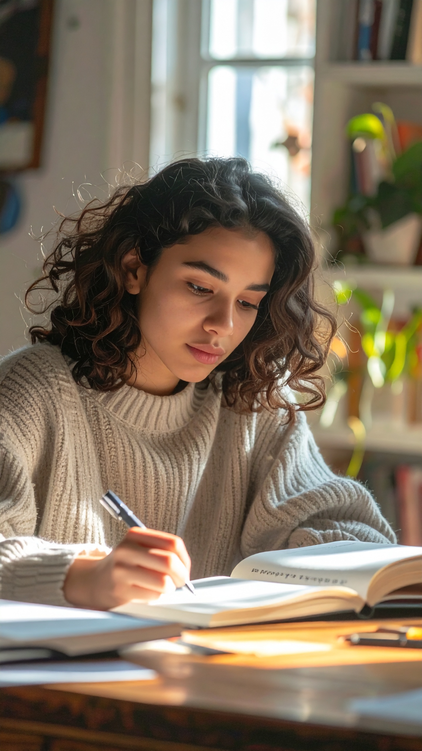 A young woman is deeply focused on her studies, writing notes in a well-lit room