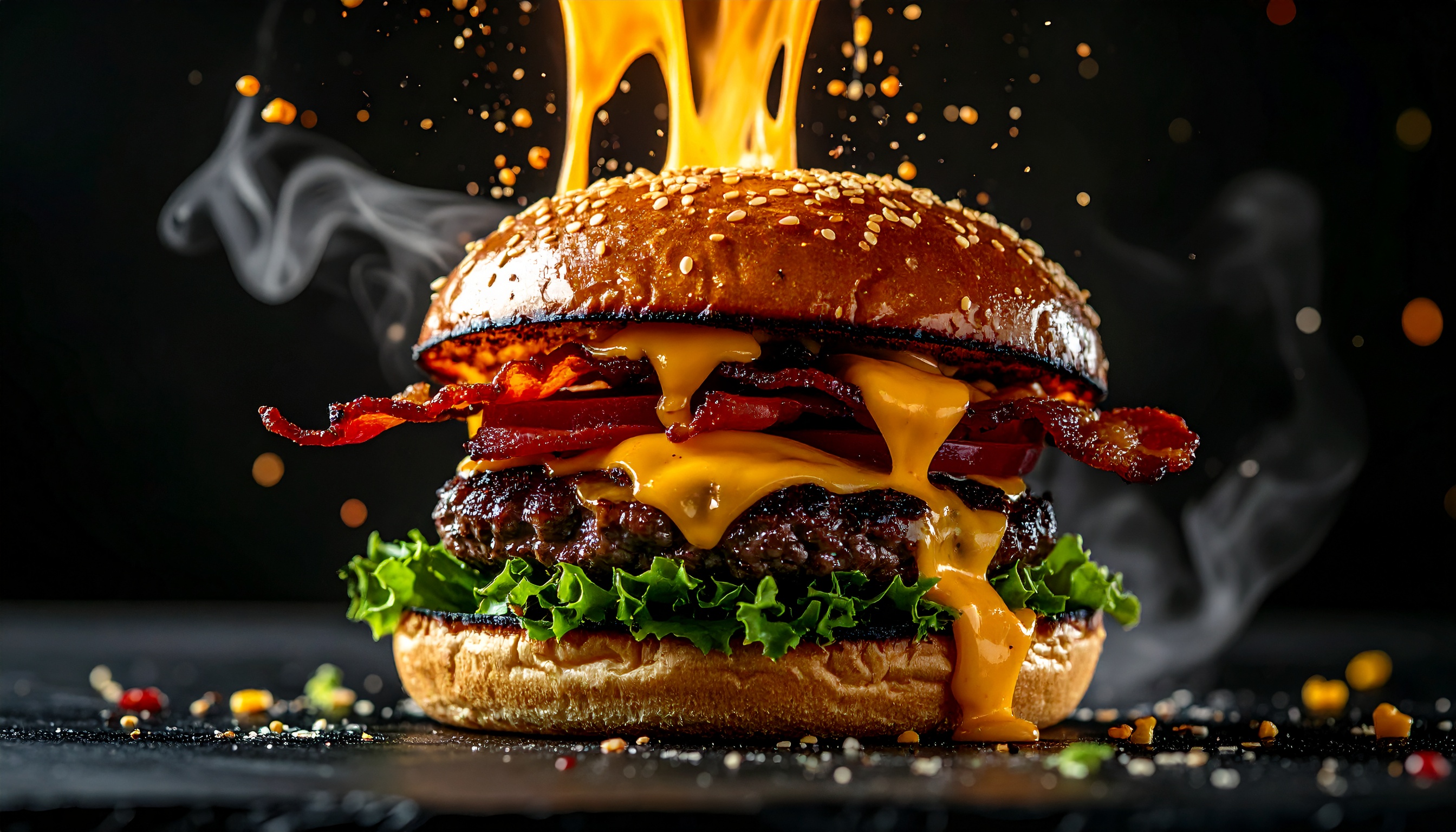 A gourmet burger with melted cheddar and crispy bacon sits tantalizingly on a dark background