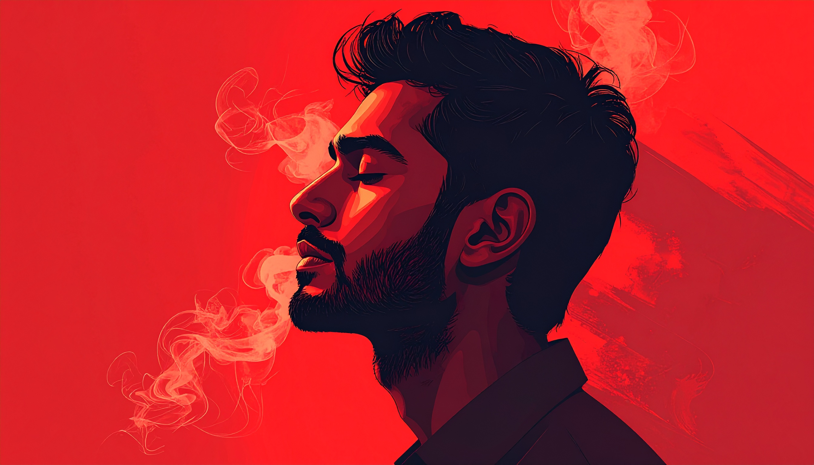 A vibrant digital portrait shows a man with a beard and closed eyes against a bold red background