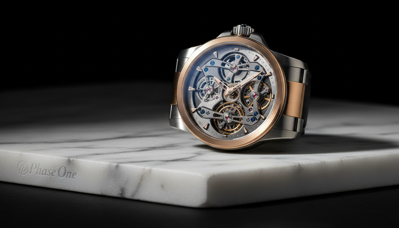 Luxury wristwatch with exposed mechanical movement sits elegantly on a white marble slab