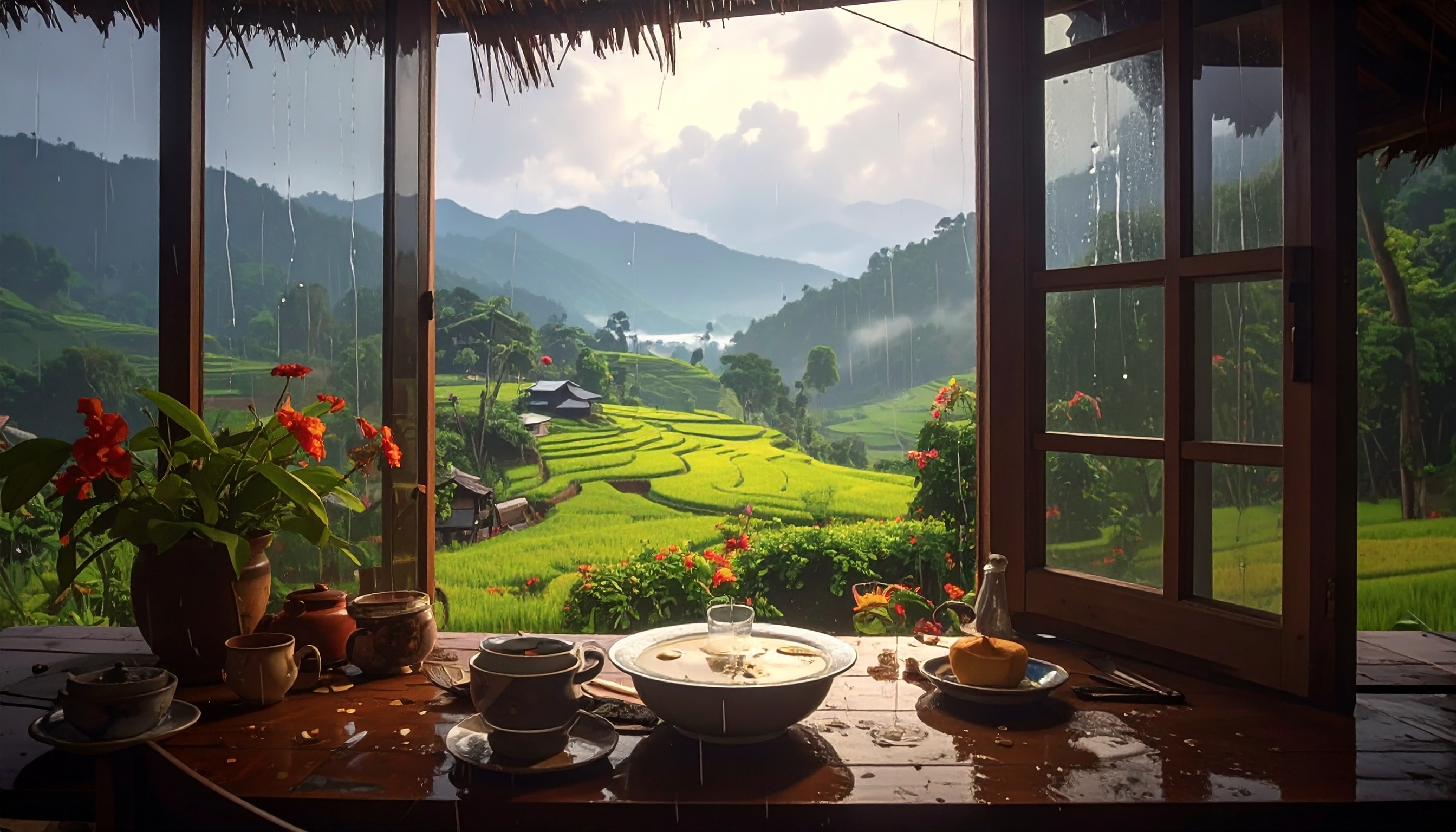 A rustic wooden table overlooks vibrant rice terraces through an open window