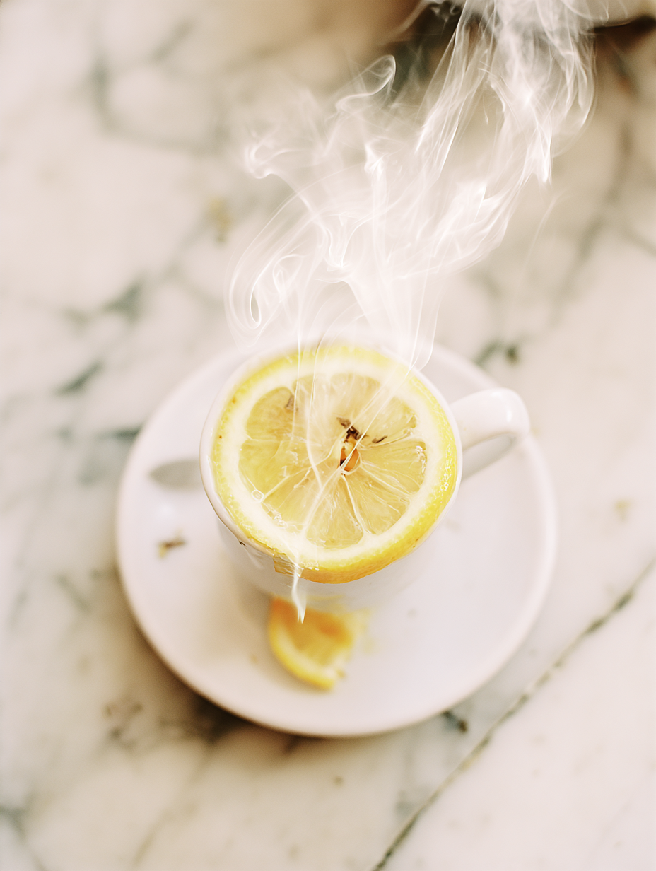 Xícara de chá quente com limão em um prato de porcelana sobre uma mesa de mármore. O vapor cria um efeito etéreo, destacando a composição minimalista e a iluminação suave, que confere um toque acolhedor e reconfortante à cena.