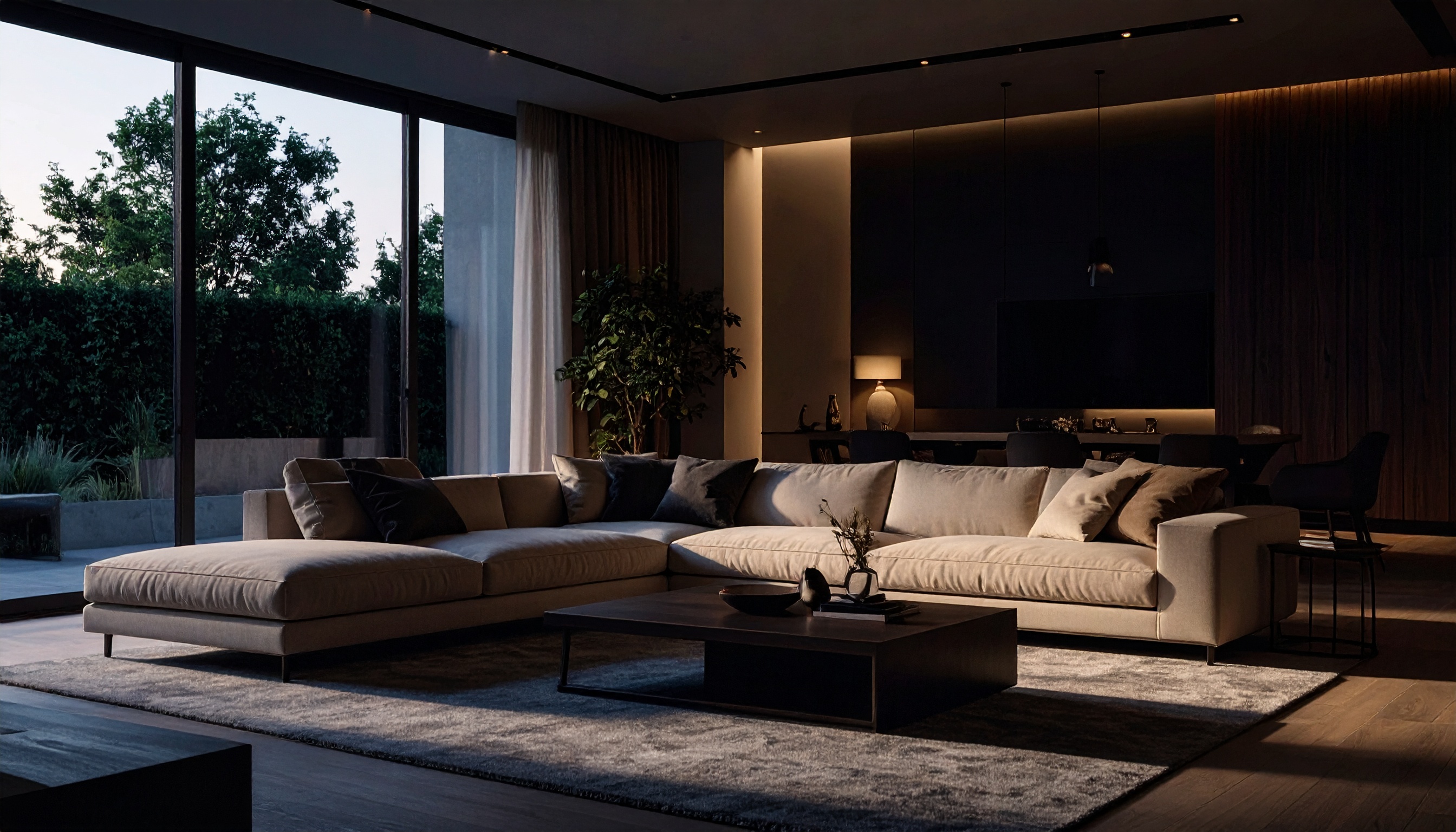 Sala de estar moderna e luxuosa com sofá em L bege em destaque, mesa de centro de madeira escura e iluminação suave. Grandes janelas de vidro oferecem vista para o jardim externo, enquanto plantas internas adicionam um toque de natureza. O ambiente é sofisticado, com design de interiores contemporâneo e atmosfera acolhedora.