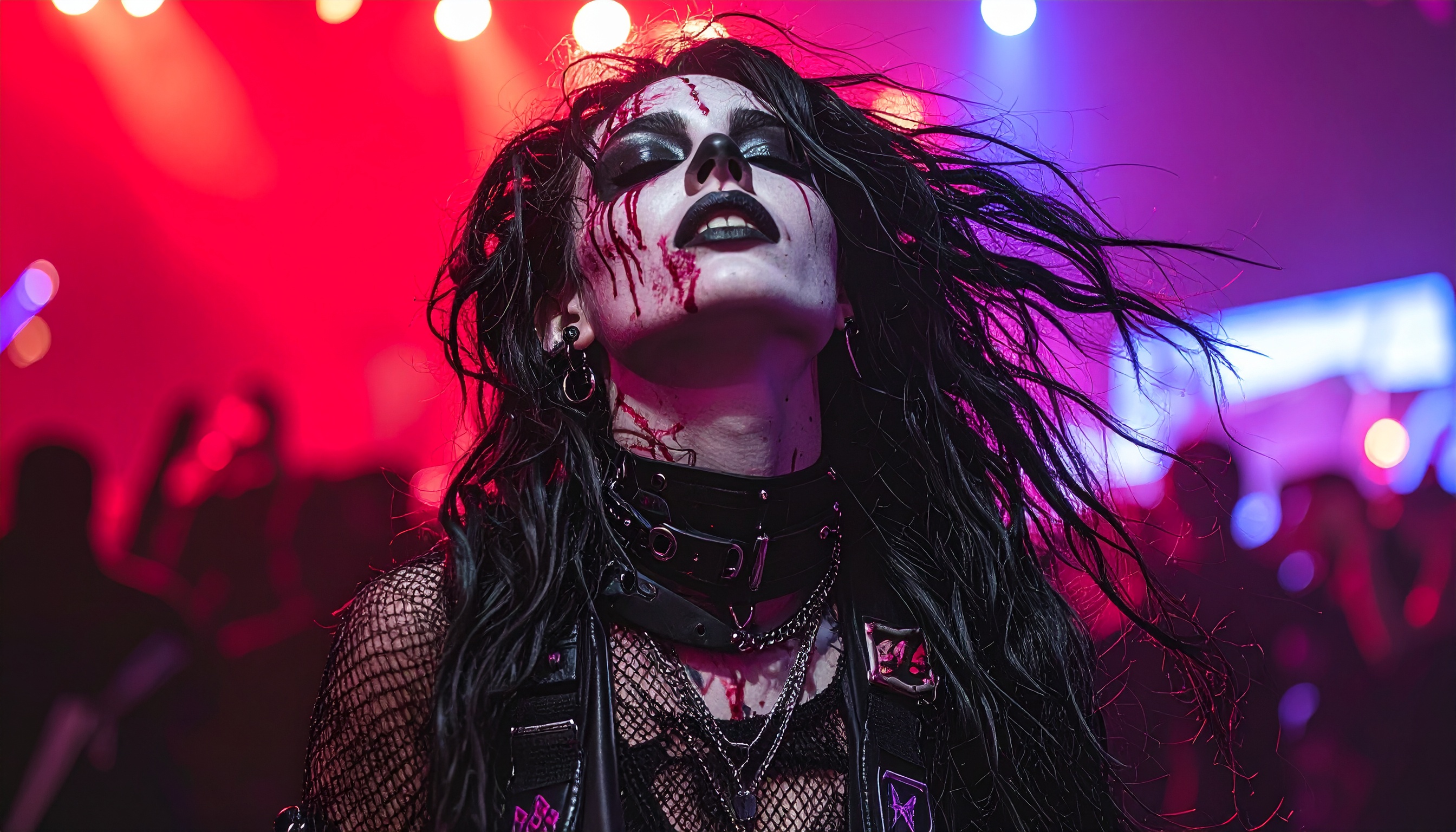 Jovem em estilo gótico vibrante em show de música ao vivo. Ideal para quem busca acessórios e moda alternativa para eventos. A maquiagem dramática e o cabelo solto destacam-se sob luzes coloridas intensas. Perfeito para criar impacto em festas, shows ou sessões de fotos temáticas. Combina atitude e estilo, oferecendo uma estética única.