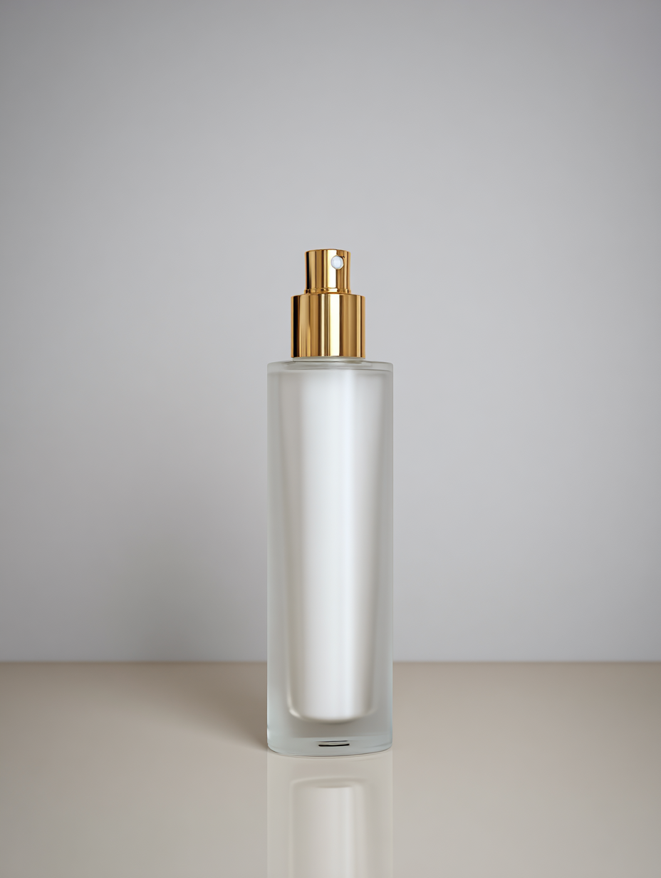Frasco elegante de perfume com design minimalista, em vidro fosco e tampa dourada, sob fundo neutro. A estética sofisticada e moderna transmite luxo e simplicidade, ideal para buscas de cosméticos premium.