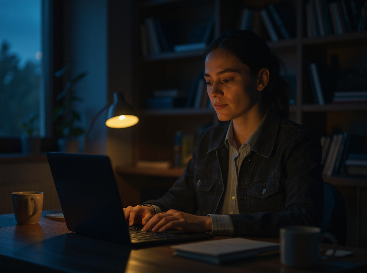 Focused Woman Working on Laptop at Night
