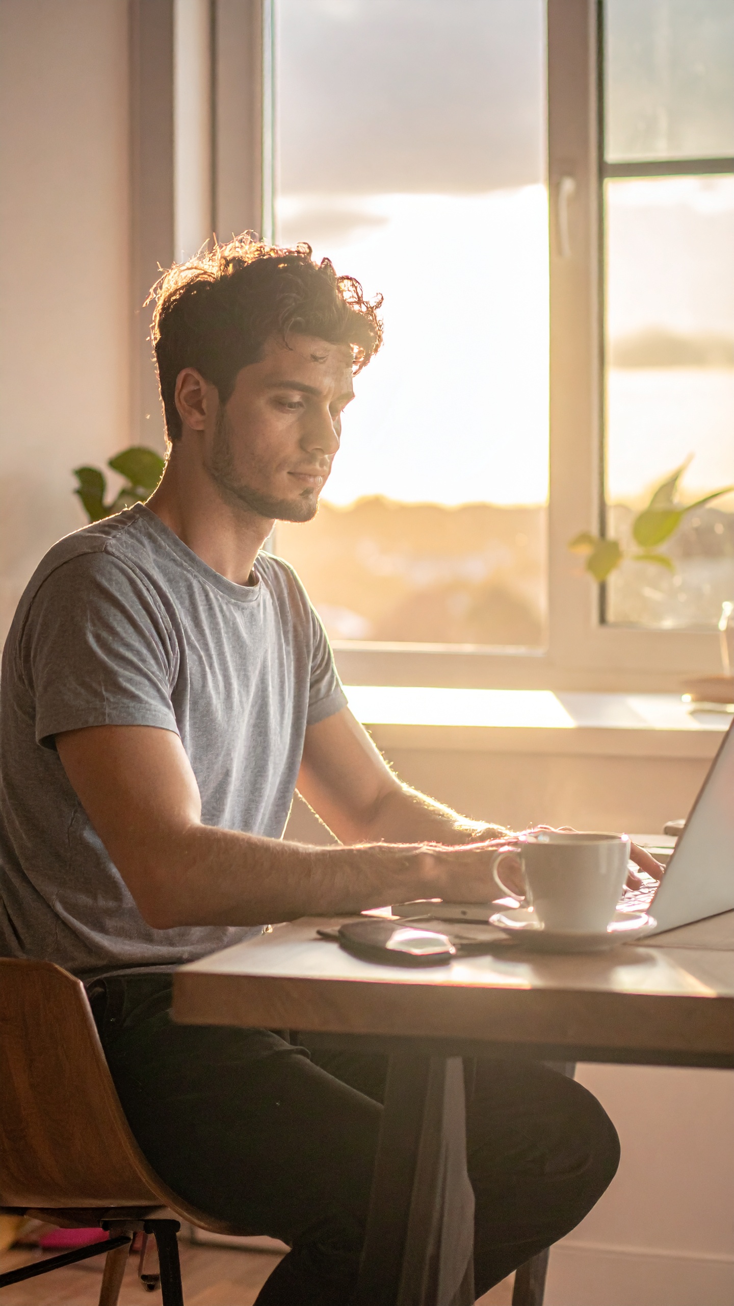 A young man works on a laptop at a sunlit desk