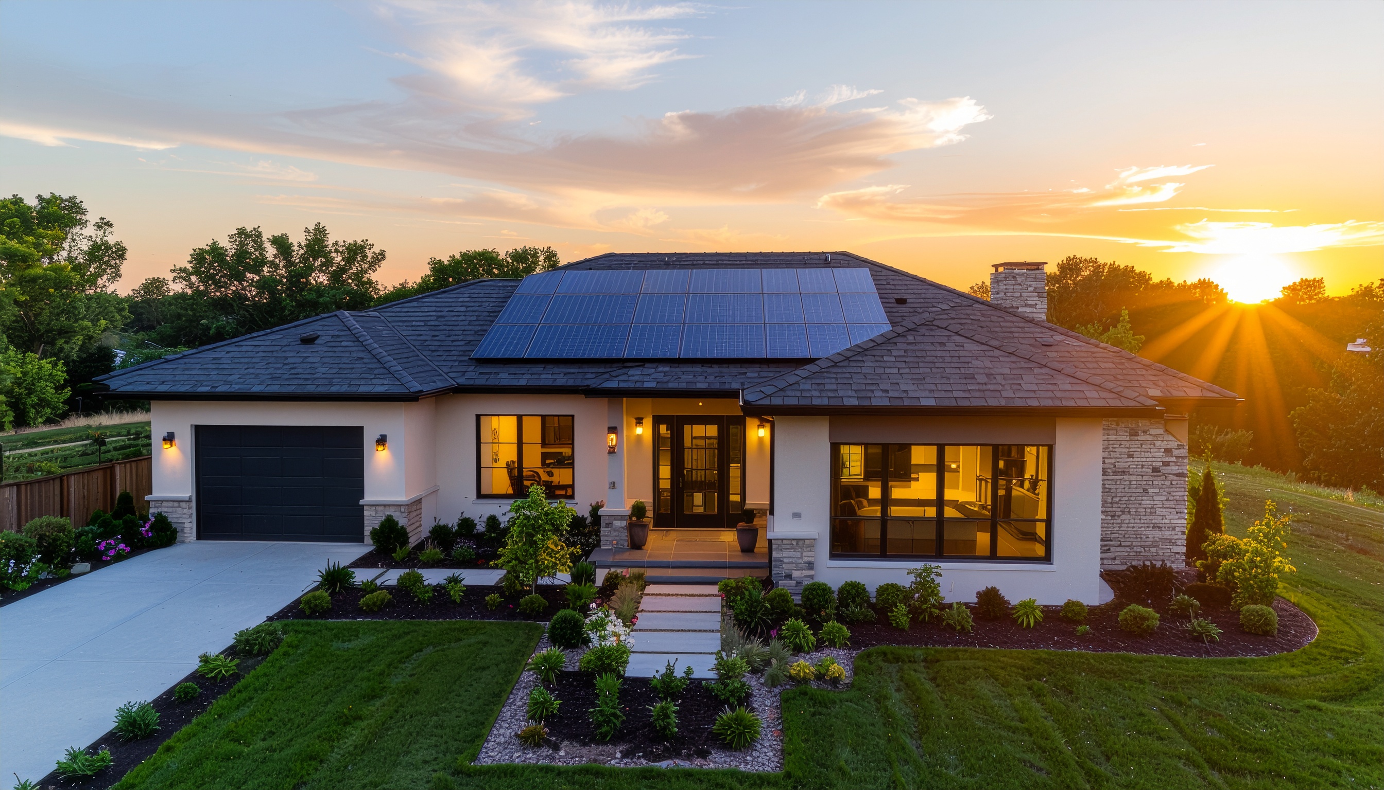 Modern Home with Solar Panels and Lush Garden