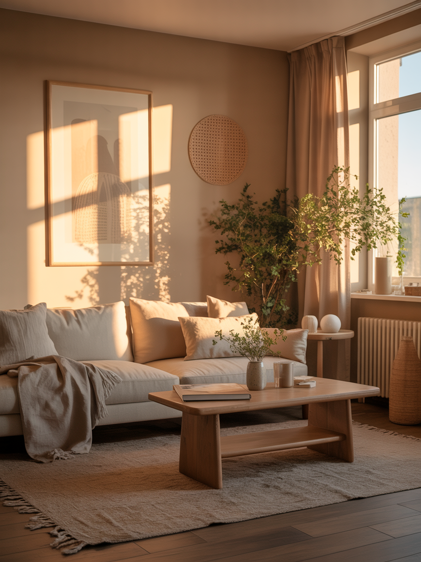 Sala de estar minimalista com sofá bege e mesa de centro em madeira clara, iluminada por luz suave do entardecer através de janelas amplas. Plantas adicionam frescor ao ambiente, enquanto quadros e cortinas complementam a decoração elegante e natural. A atmosfera tranquila e acolhedora é reforçada pelo uso de tons terrosos e textura suave dos tecidos.
