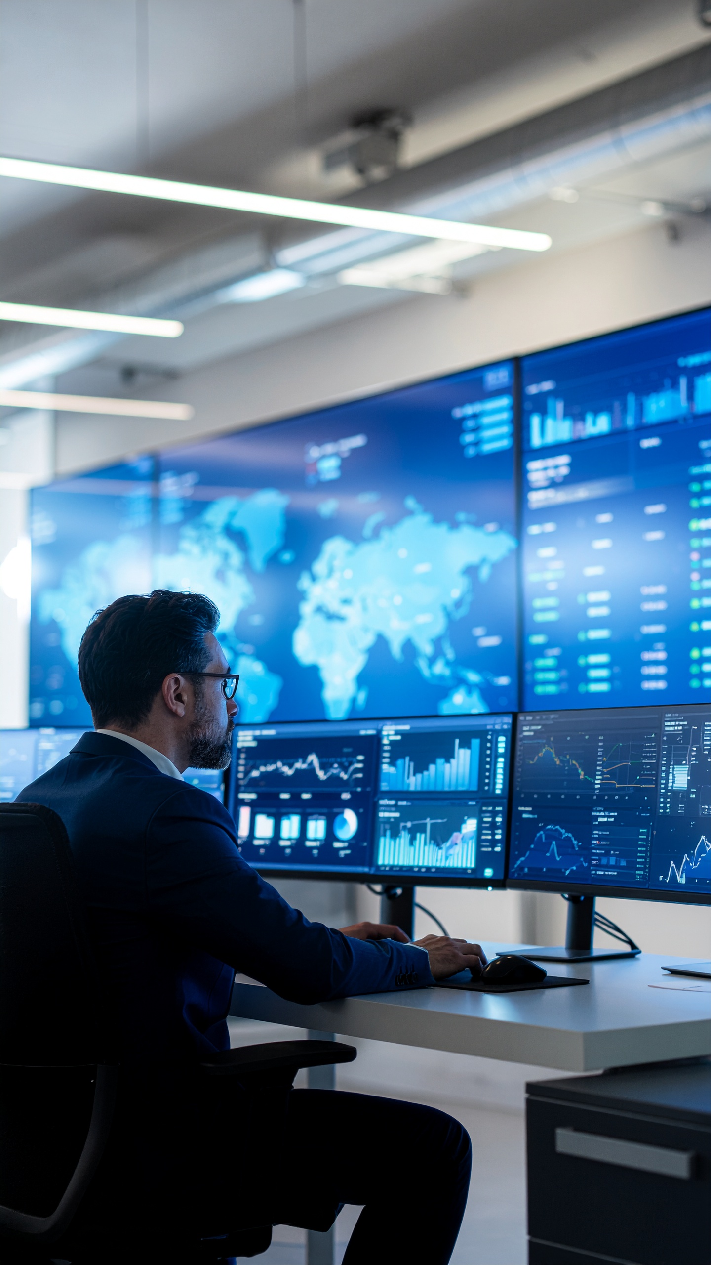 Businessman Analyzing Financial Data on Multiple Screens