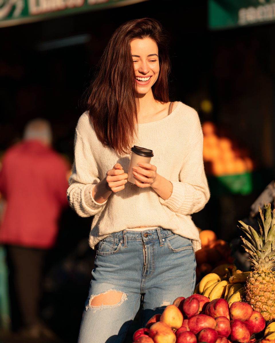 Mulher sorridente em mercado ao ar livre segurando café, vestindo jeans e suéter, rodeada por frutas frescas sob luz dourada do sol, transmitindo alegria e descontração.