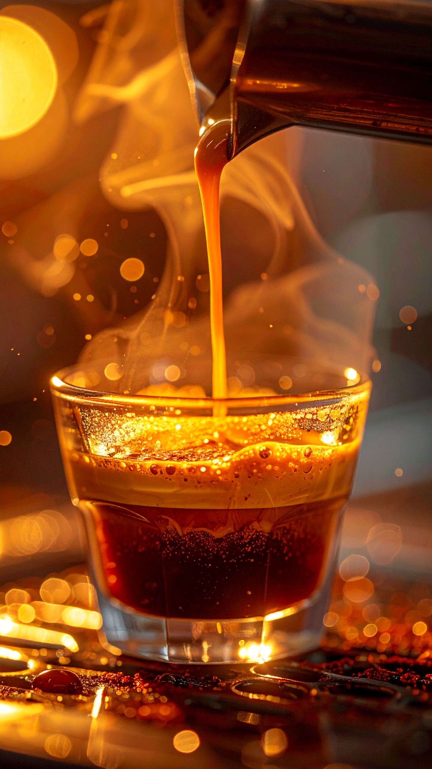 Warm Coffee Served in Glass with Golden Lights