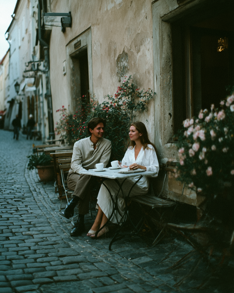 A cena retrata um casal sentado em uma mesa de café em uma rua de paralelepípedos. As cores predominantes incluem tons terrosos suaves, como bege e marrom, contrastando com o verde das plantas ao redor. A iluminação é suave, criando uma atmosfera acolhedora e intimista.