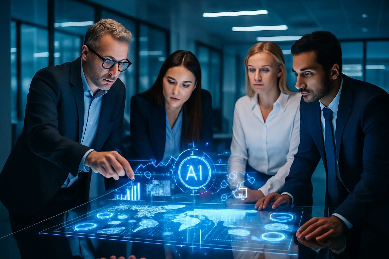 Four Professionals Analyzing Graphs on High-Tech Interactive Table