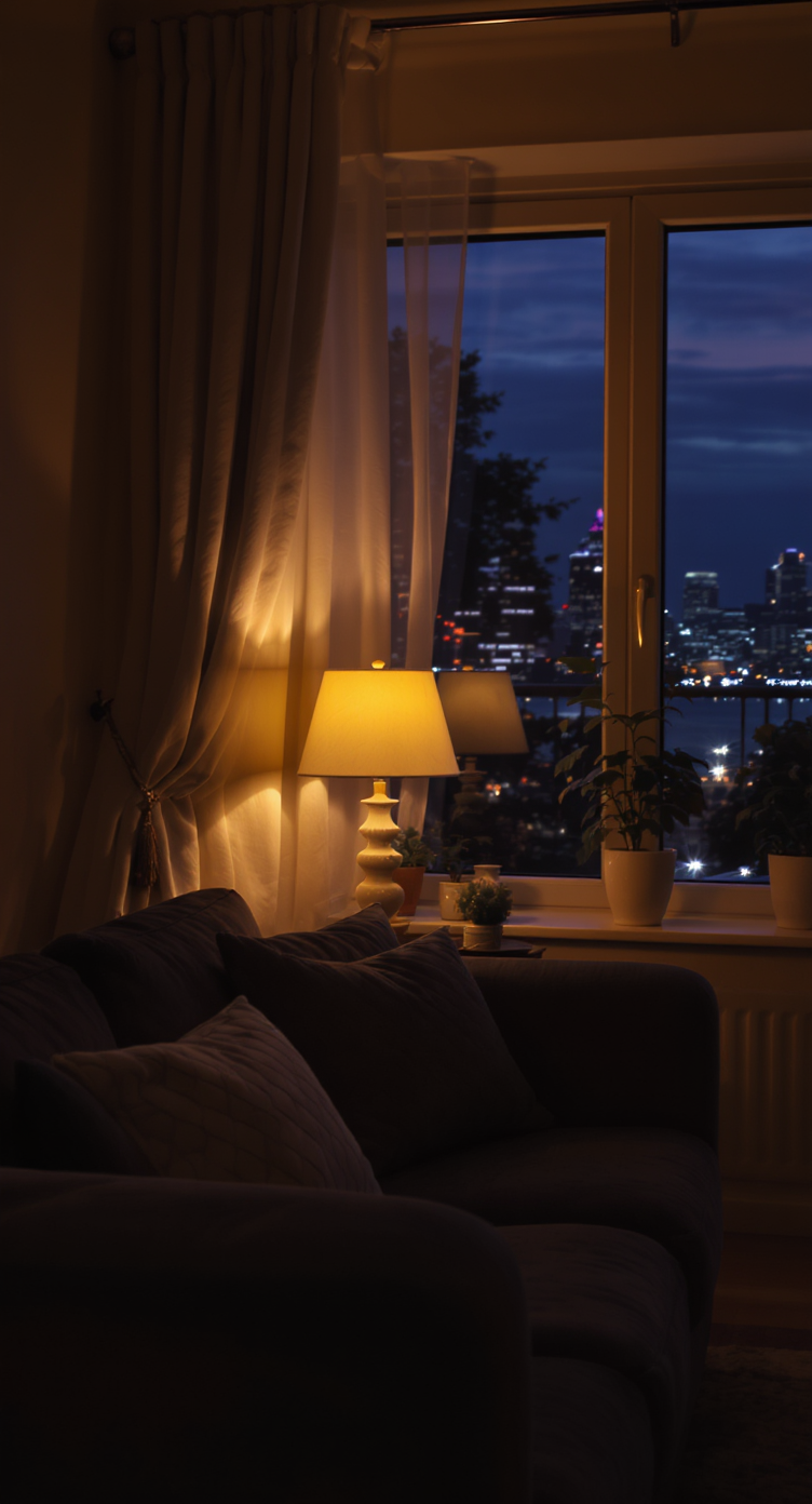 A cozy living room with a warm lamp glow and city skyline view