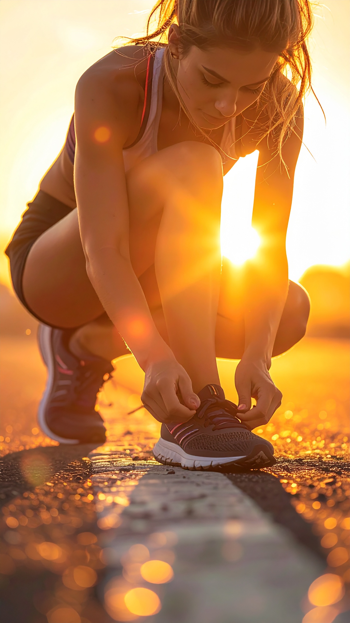 Woman Tying Running Shoes at Sunset