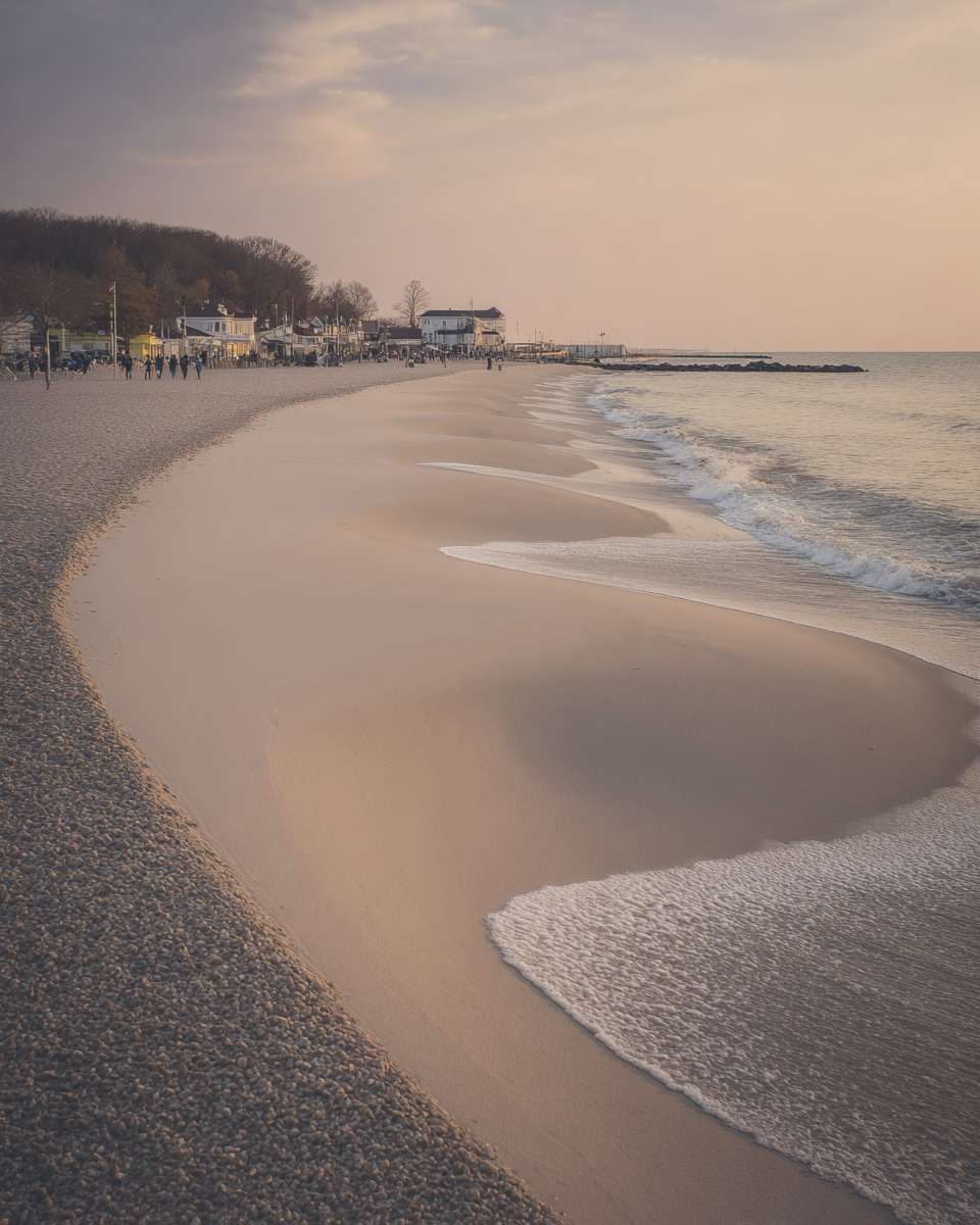Praia serena ao entardecer com areia dourada suave e ondas calmas, céu em tons de rosa e laranja criando uma atmosfera tranquila. Pessoas caminhando à distância, com um vilarejo pitoresco ao fundo e vegetação densa. Composição harmônica com linhas curvas naturais e iluminação suave destacando a textura da areia e do oceano.