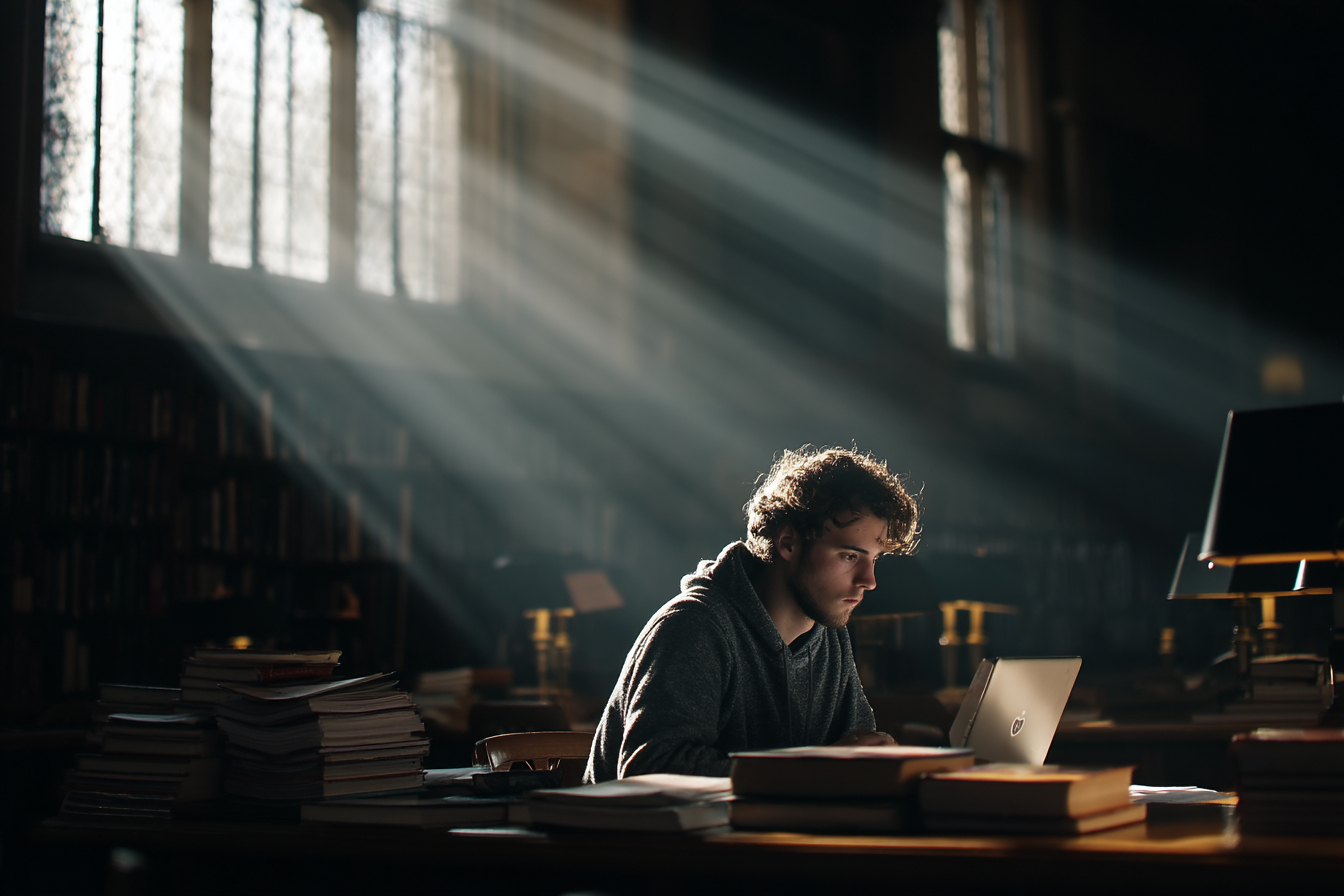 A imagem apresenta um jovem concentrado em seu laptop dentro de uma biblioteca sombria, iluminada por raios de luz que entram pelas janelas. O ambiente é acolhedor e contemplativo, com uma mesa cheia de livros empilhados ao redor. As sombras e a luz contrastam, criando uma atmosfera serena e introspectiva.