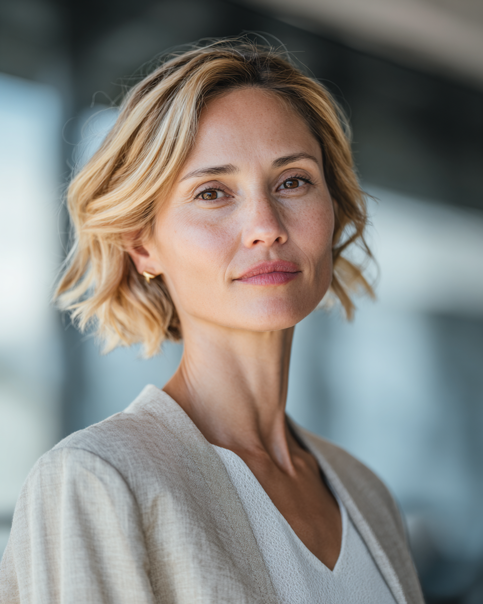 Retrato em close de uma mulher de cabelos loiros curtos, com expressão serena, em ambiente moderno. A iluminação suave destaca a textura da pele, enquanto o fundo desfocado sugere um interior sofisticado. A composição é centrada, com foco nítido no rosto, criando uma atmosfera de tranquilidade e elegância.