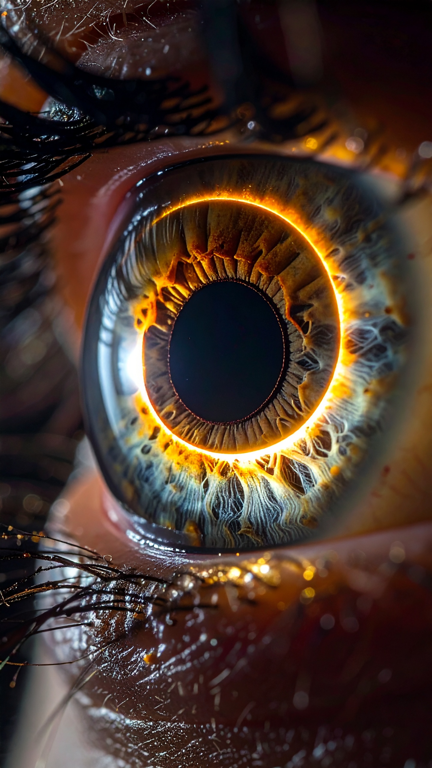 A mesmerizing close-up of a human eye reveals intricate patterns and vibrant colors