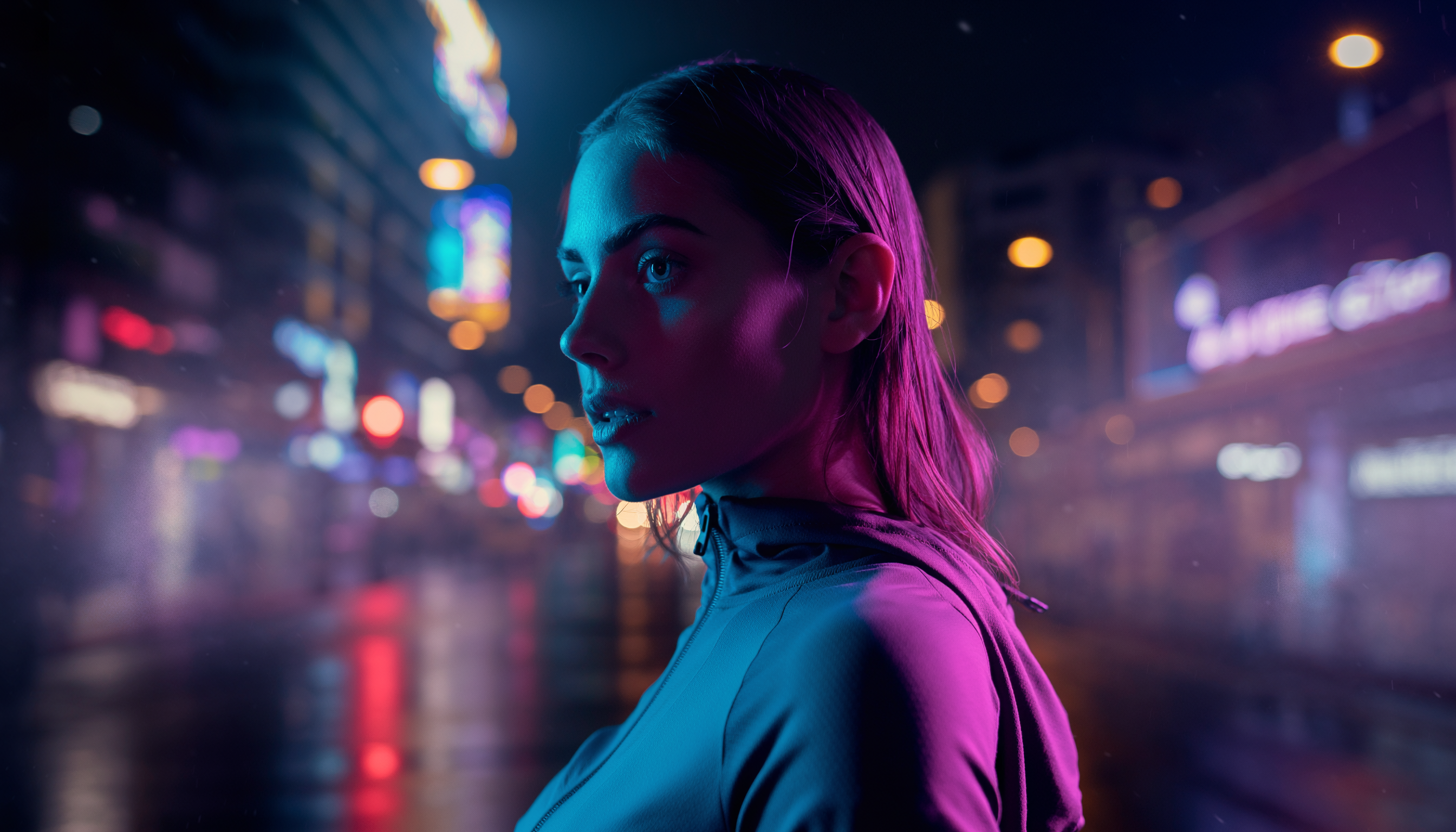 Retrato de perfil de uma jovem mulher em ambiente urbano noturno, iluminada por neons coloridos, criando um contraste vibrante entre luzes azuis e roxas. O fundo desfocado sugere uma cidade movimentada com reflexos de luzes em uma rua molhada, conferindo uma atmosfera moderna e cinematográfica. A composição destaca o foco nítido no rosto, enquanto o bokeh realça a profundidade da imagem.