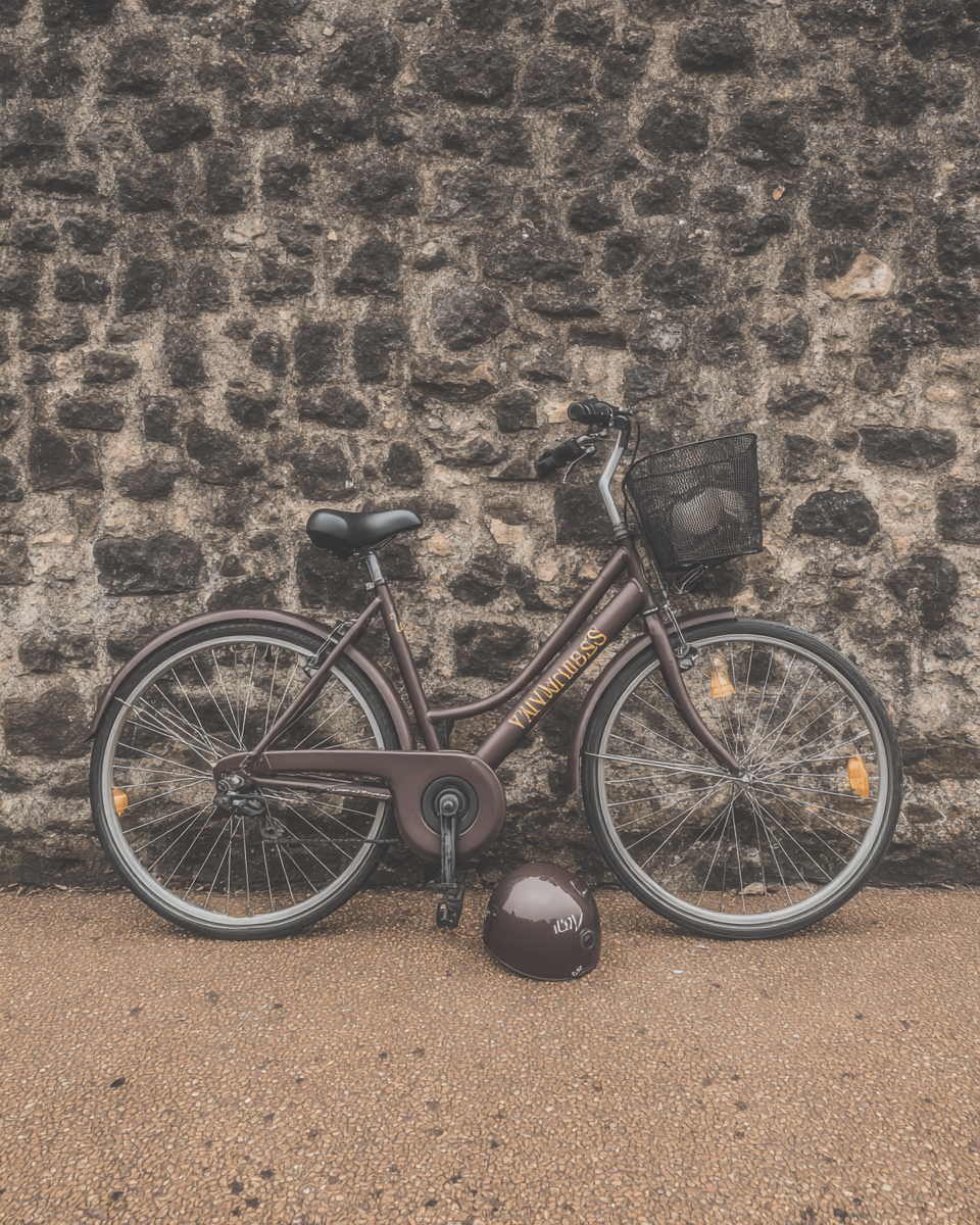 Bicicleta de cidade marrom com design moderno e cesta, estacionada em frente a uma parede de pedras rústicas. A cena apresenta uma iluminação suave em um dia nublado, com o solo de cascalho criando um contraste textural. Um capacete marrom, combinando com a bicicleta, está posicionado no chão ao lado da roda dianteira, sugerindo prontidão para um passeio.