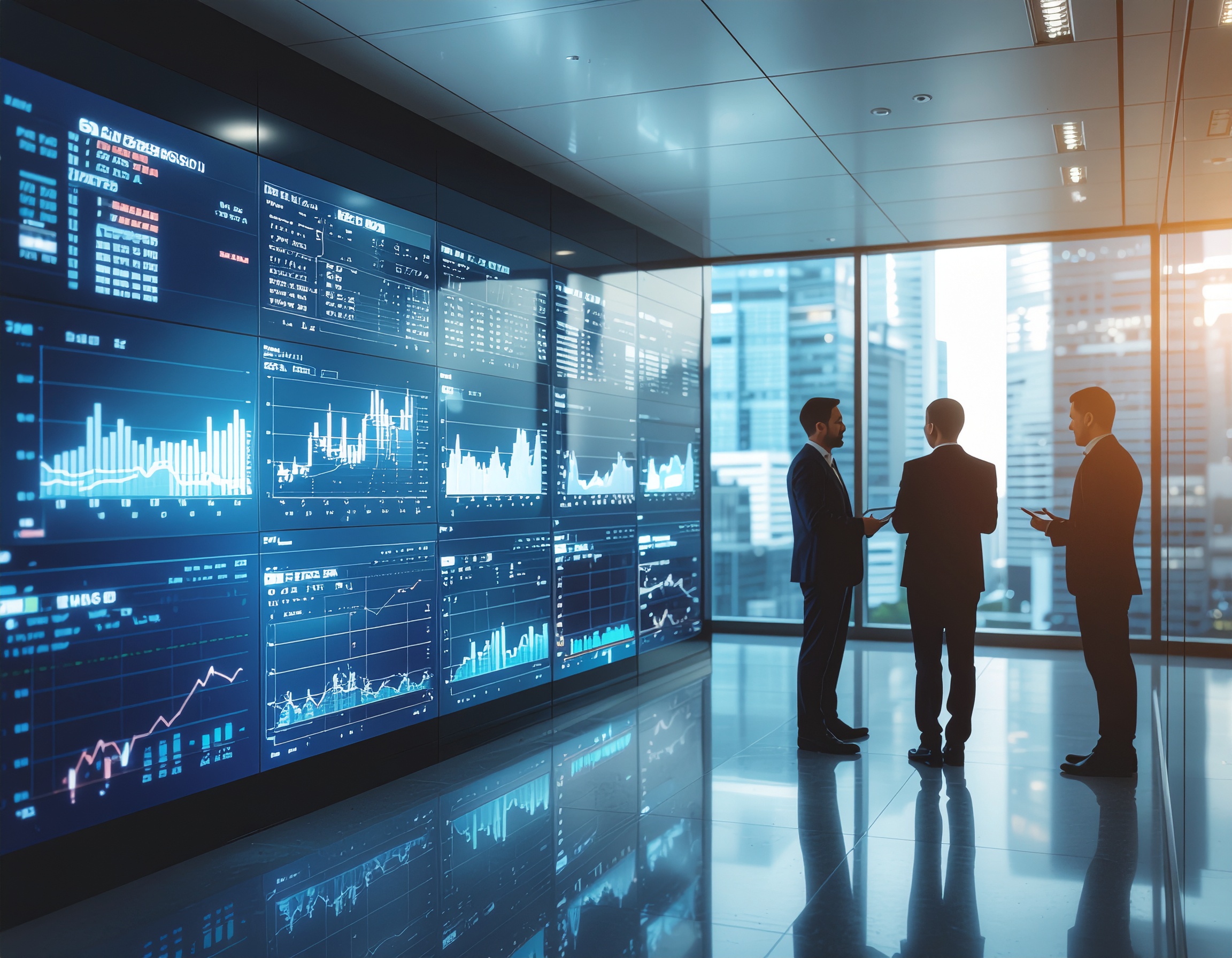 Three Executives Discuss Finance in a Modern Office