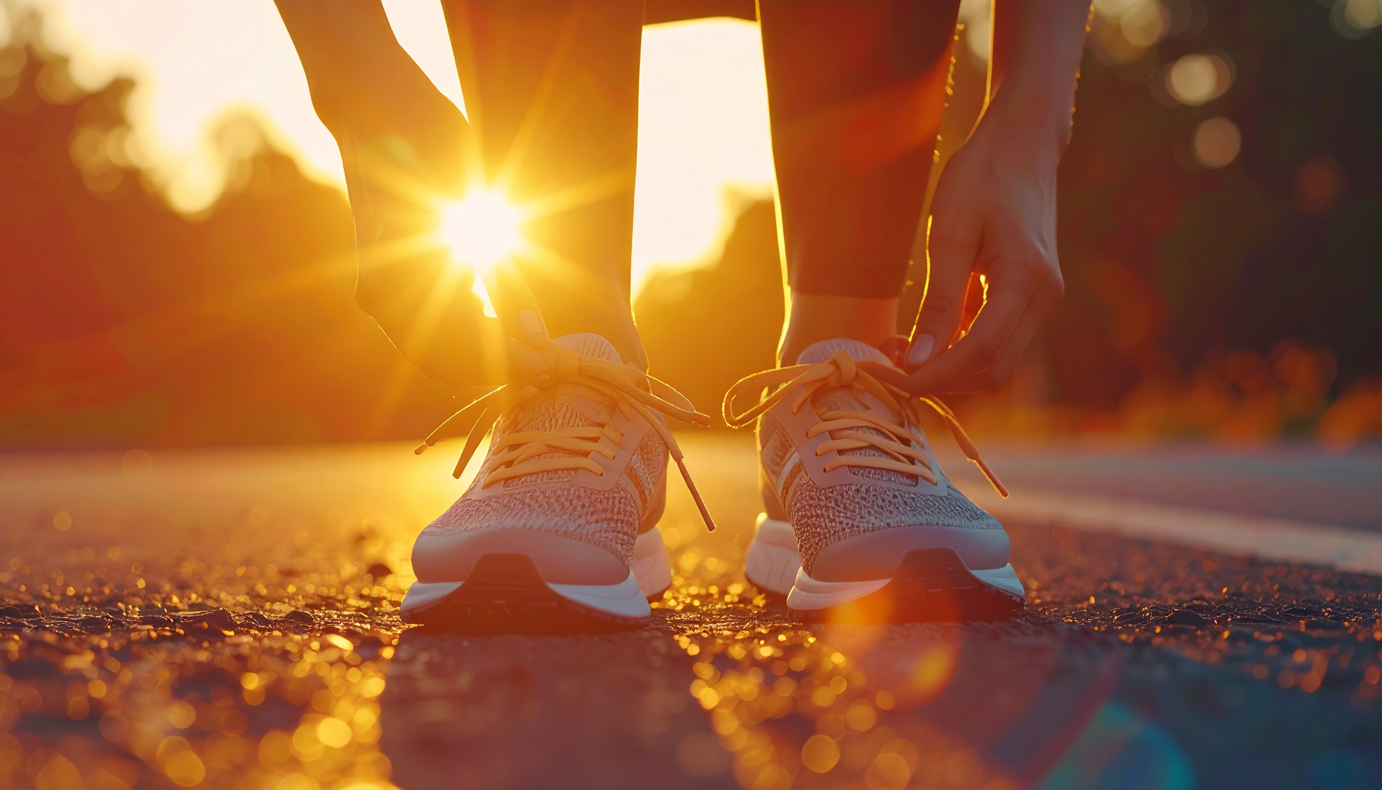 Pessoa amarrando tênis de corrida em estrada ao amanhecer, com luz do sol intensa e dourada criando silhuetas dramáticas. A imagem captura o momento de preparação com foco suave nos sapatos, destacando a textura do tênis e a superfície do asfalto molhado, conferindo uma atmosfera de tranquilidade e determinação.