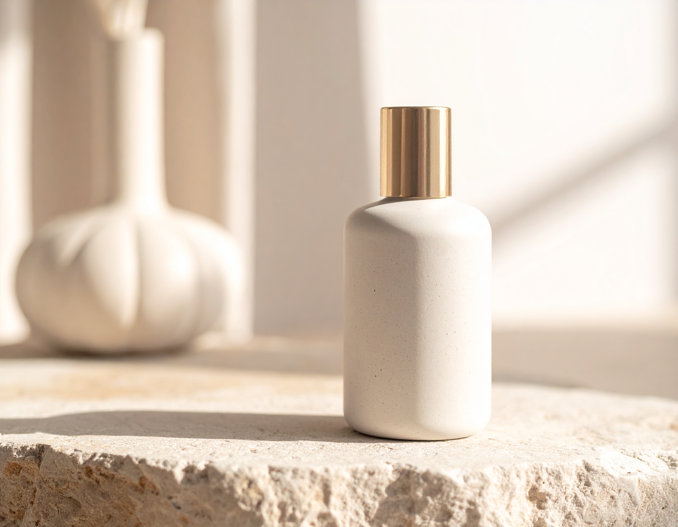 Elegant ceramic bottle with a gold cap on a stone surface