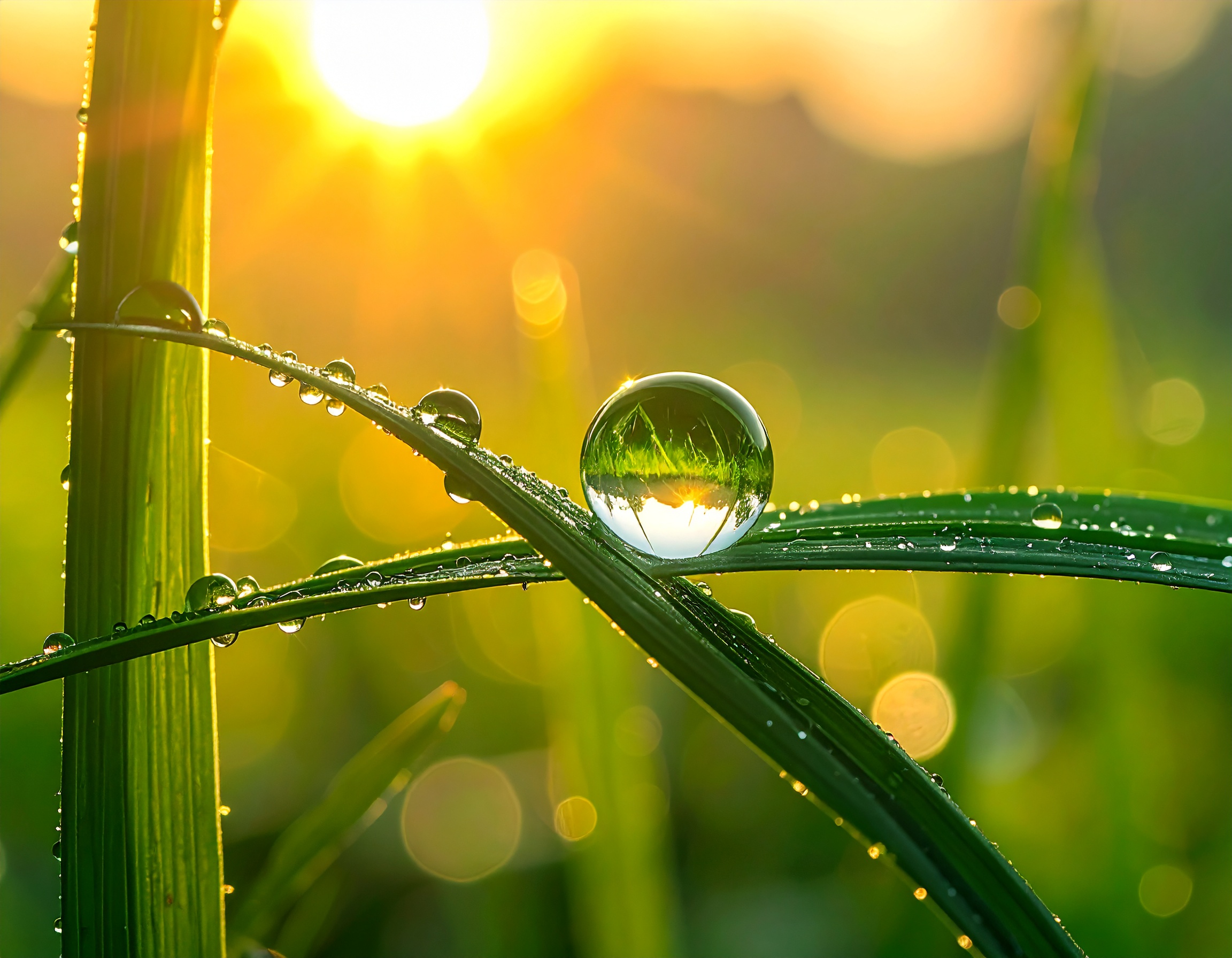 A dewdrop delicately rests on a green blade of grass, reflecting the warm glow of sunrise