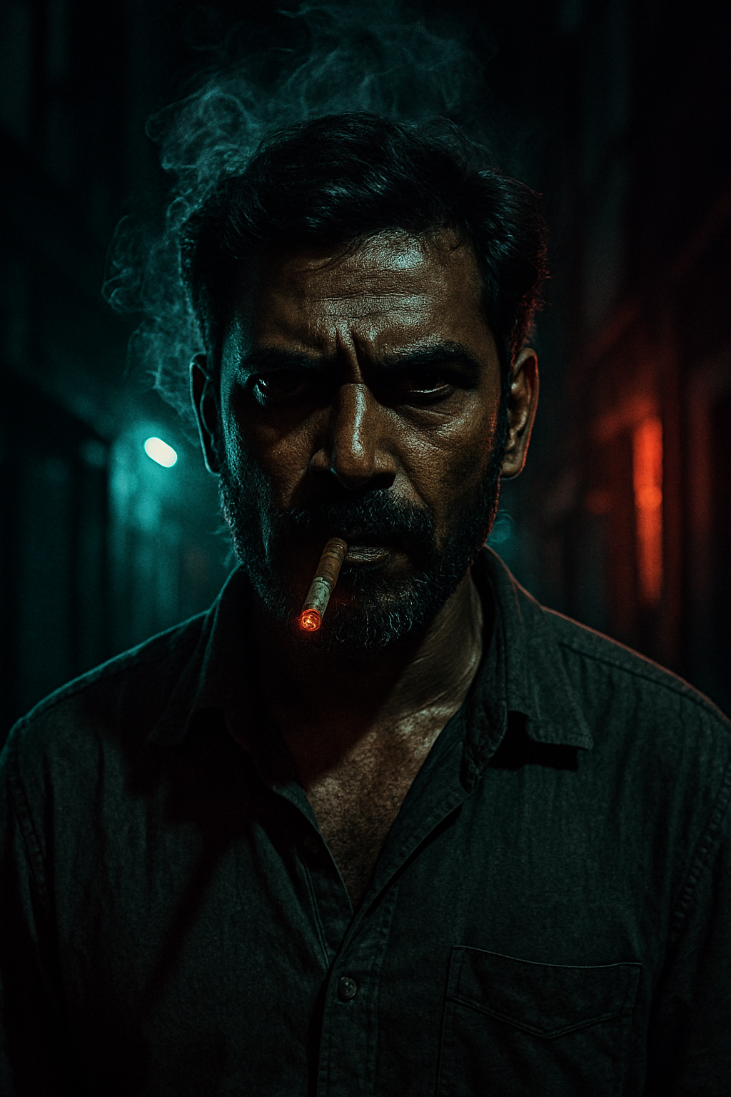 A man with a stern expression smokes a cigar in a dimly lit alley