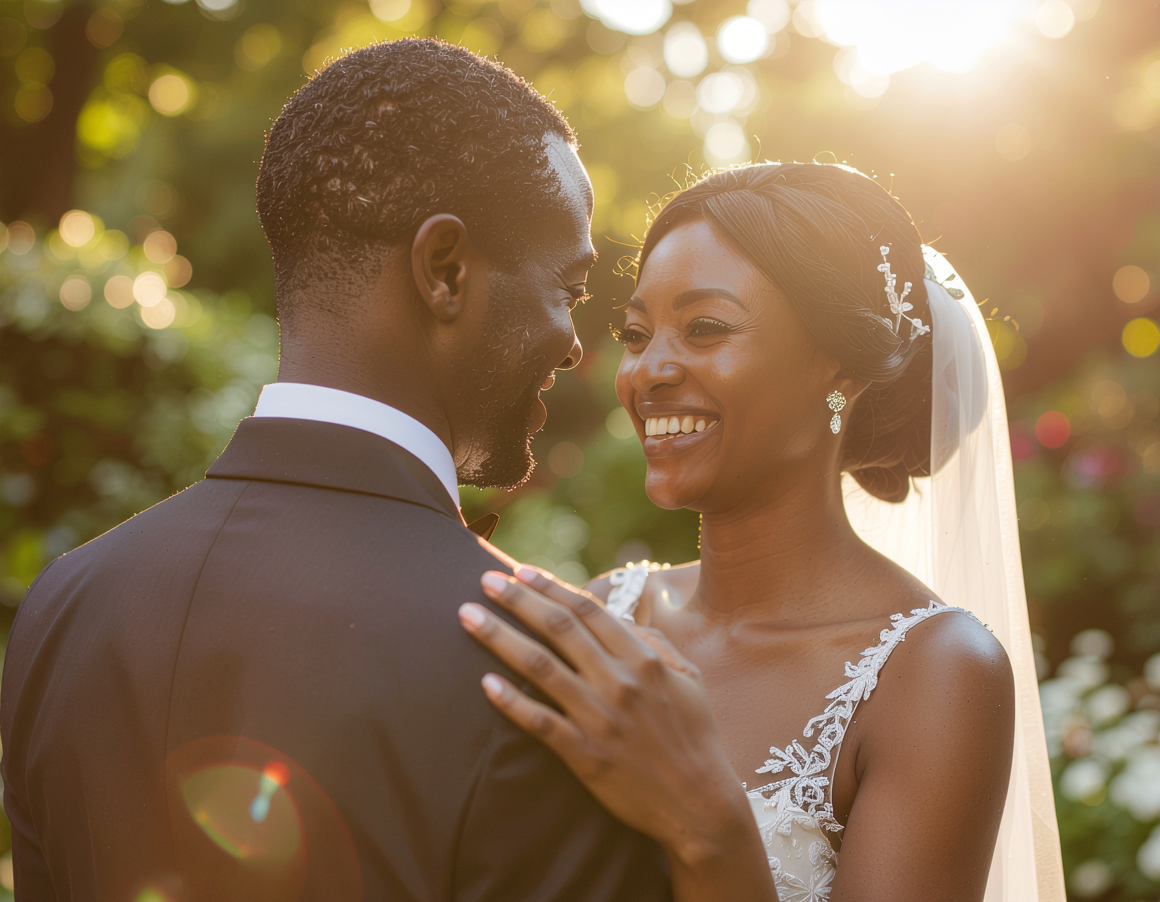 Casal sorridente em trajes de casamento ao ar livre, iluminado por luz dourada do sol poente. A cena transmite felicidade e romance, com fundo desfocado de folhagem verde. Vestido de noiva detalhadamente decorado sobressaindo em um ambiente natural e alegre.