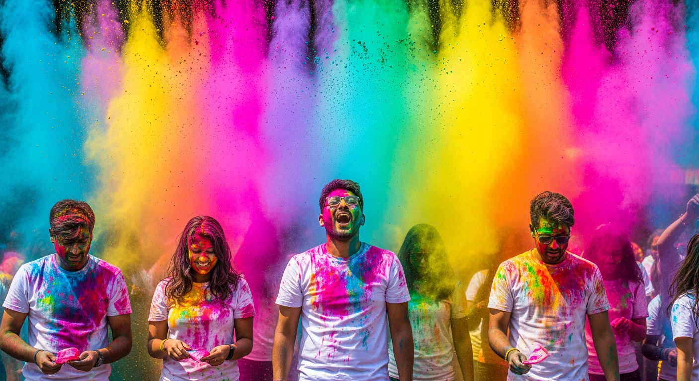 A group of people joyfully celebrate with vibrant colored powders