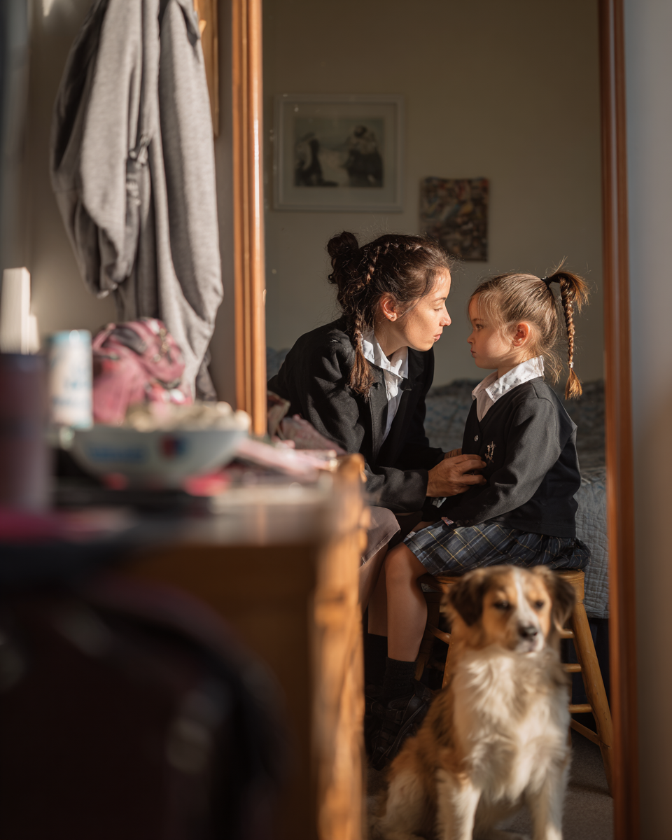 Duas meninas em uniformes escolares sentadas em um quarto, focando uma na outra enquanto um cachorro está em primeiro plano. A luz suave do sol ilumina a cena, refletindo um momento de conexão e ternura entre irmãs.