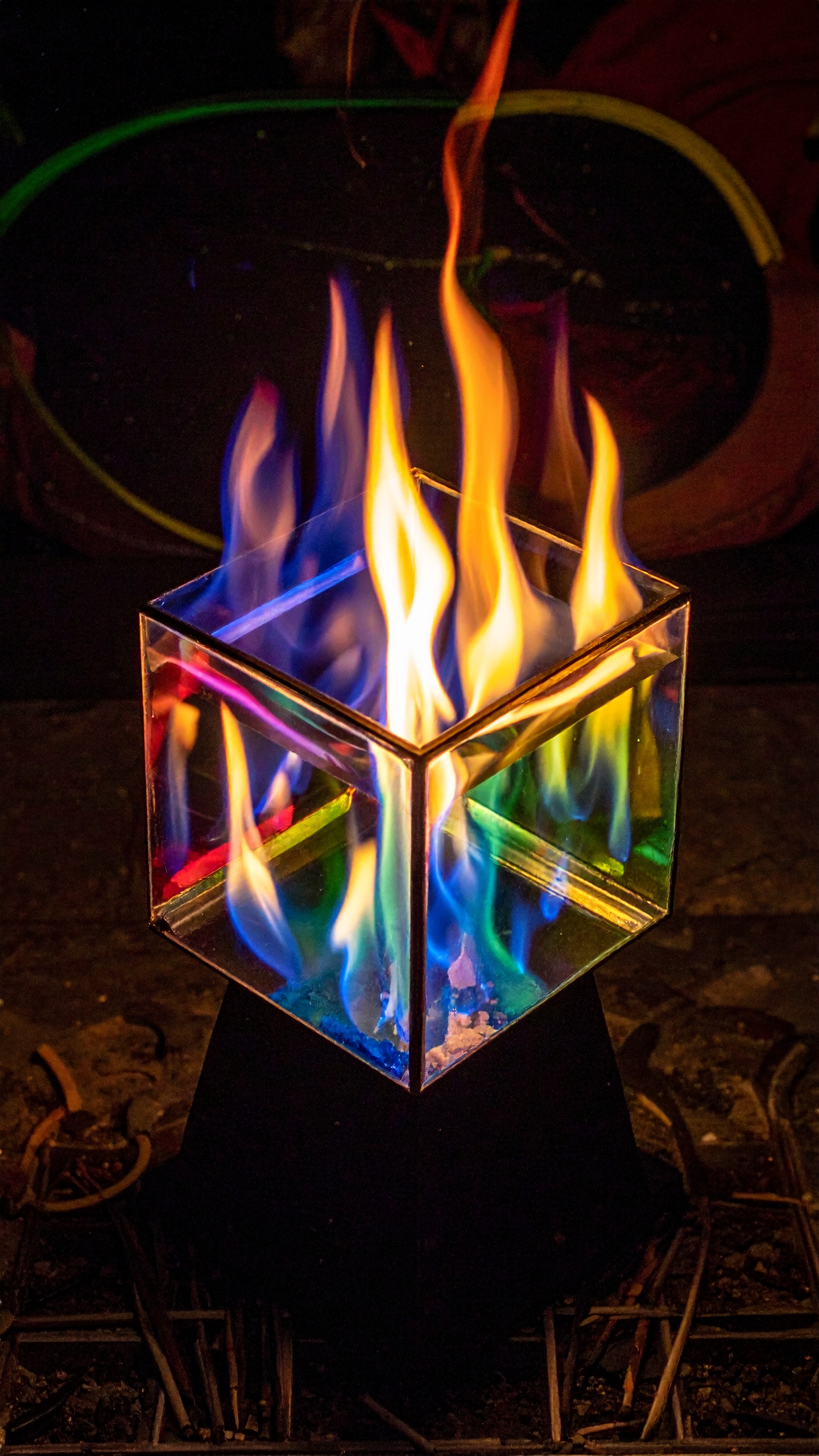 A glass cube emits vibrant flames in various hues, creating a mesmerizing visual spectacle