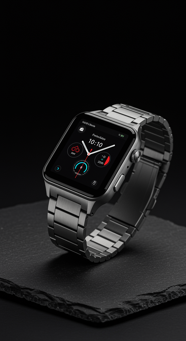 Stainless steel smartwatch with a sleek rectangular display elegantly rests against a dark textured