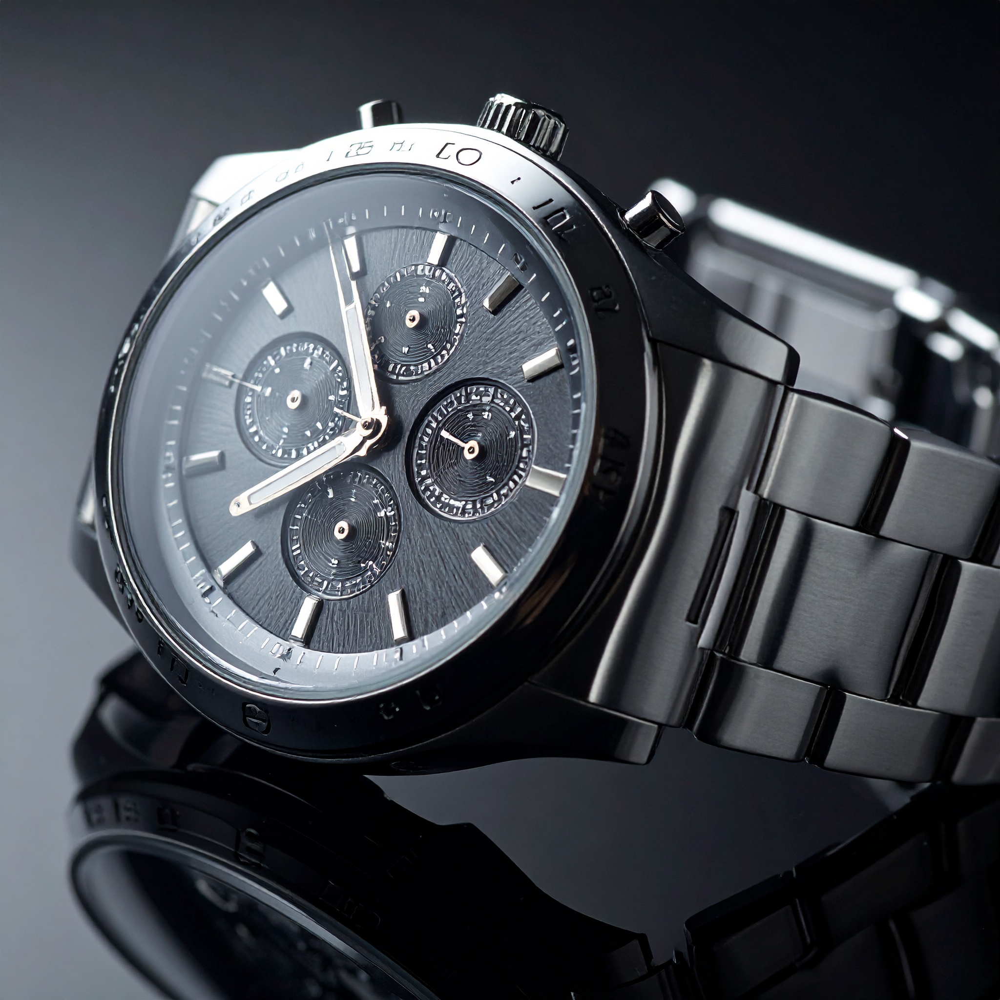 Relógio de pulso metálico sofisticado com mostrador analógico detalhado, refletido em superfície polida escura. A peça apresenta uma composição elegante com iluminação suave destacando texturas e acabamentos. O foco é preciso, capturando a complexidade do design em um ângulo ligeiramente inclinado, criando uma atmosfera de luxo e precisão.