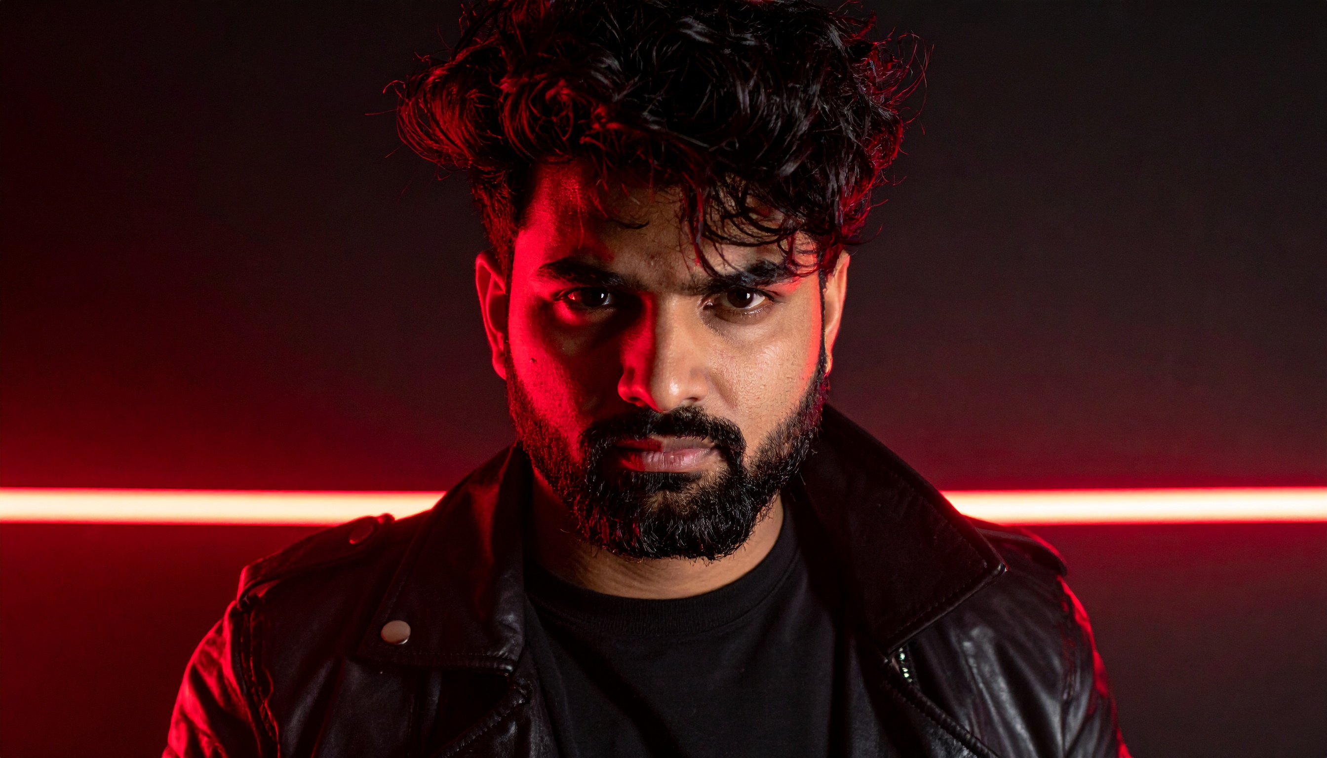 A confident man in a leather jacket is highlighted by a red neon light
