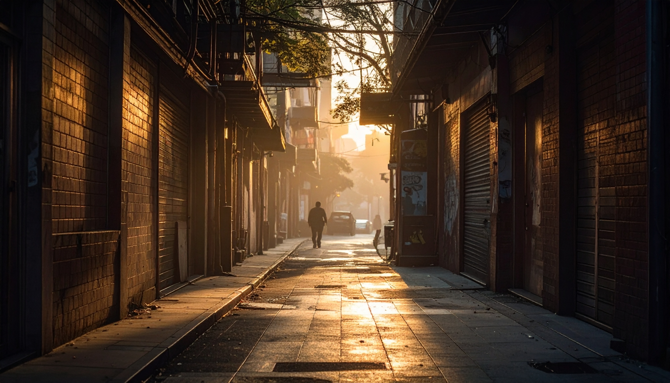 Rua estreita iluminada pelo pôr do sol, criando uma atmosfera urbana e contemplativa. Ideal para quem busca capturar a essência da vida na cidade em suas imagens. As sombras longas e o brilho dourado destacam o contraste entre luz e escuridão. Perfeito para projetos criativos que exploram temas de solidão ou introspecção. A composição transmite uma sensação de nostalgia e tranquilidade.