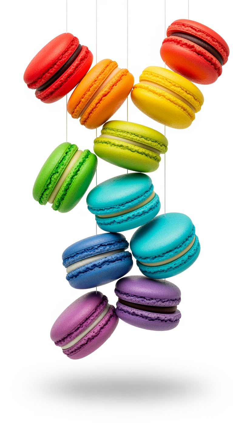 Macarons coloridos flutuando em um fundo branco, oferecendo um toque vibrante e sofisticado
