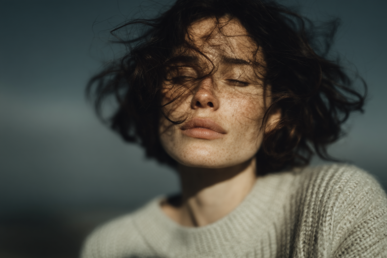 Retrato de uma mulher com cabelo cacheado e desgrenhado, usando um suéter claro, contra um fundo desfocado que remete a um ambiente natural. A expressão dela transmite introspecção e serenidade, com luz suave iluminando seu rosto.