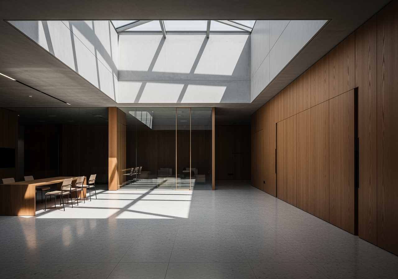 Modern office space with wooden panels and skylight