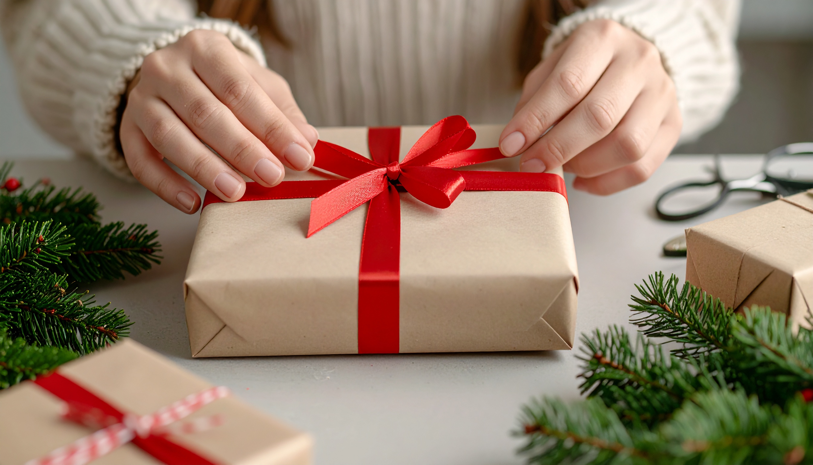 Mãos delicadamente amarram um laço vermelho em um presente embrulhado em papel kraft, com detalhes natalinos ao redor, incluindo ramos de pinheiro. A iluminação suave e natural cria uma atmosfera acolhedora e festiva, com foco nítido no centro e profundidade de campo curta.