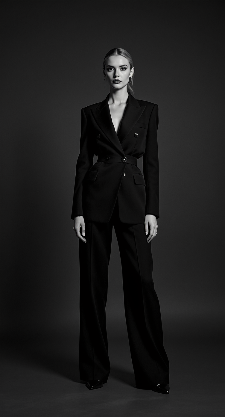 A striking black and white portrait showcases a woman in a tailored suit
