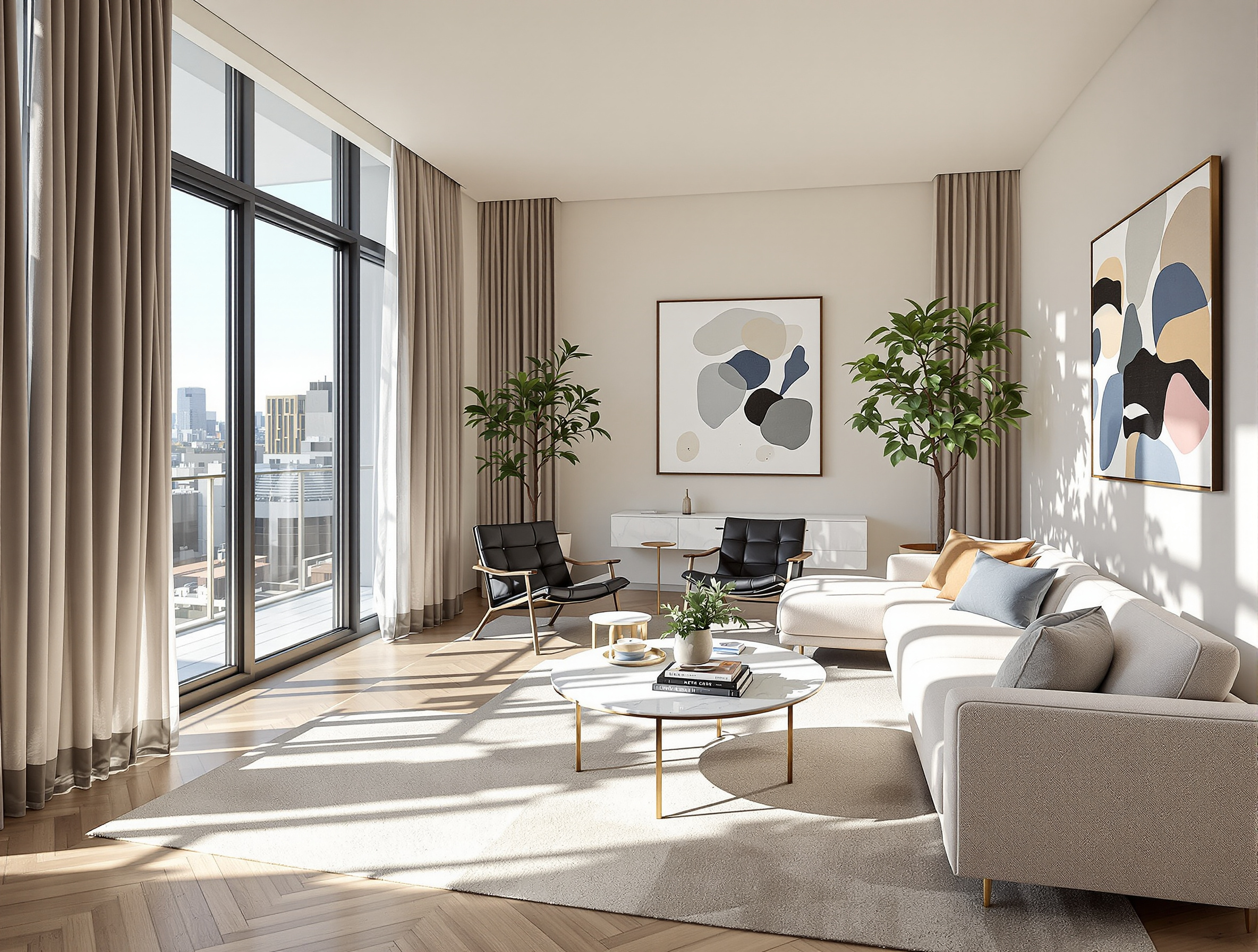 A modern living room with large windows and chic decor