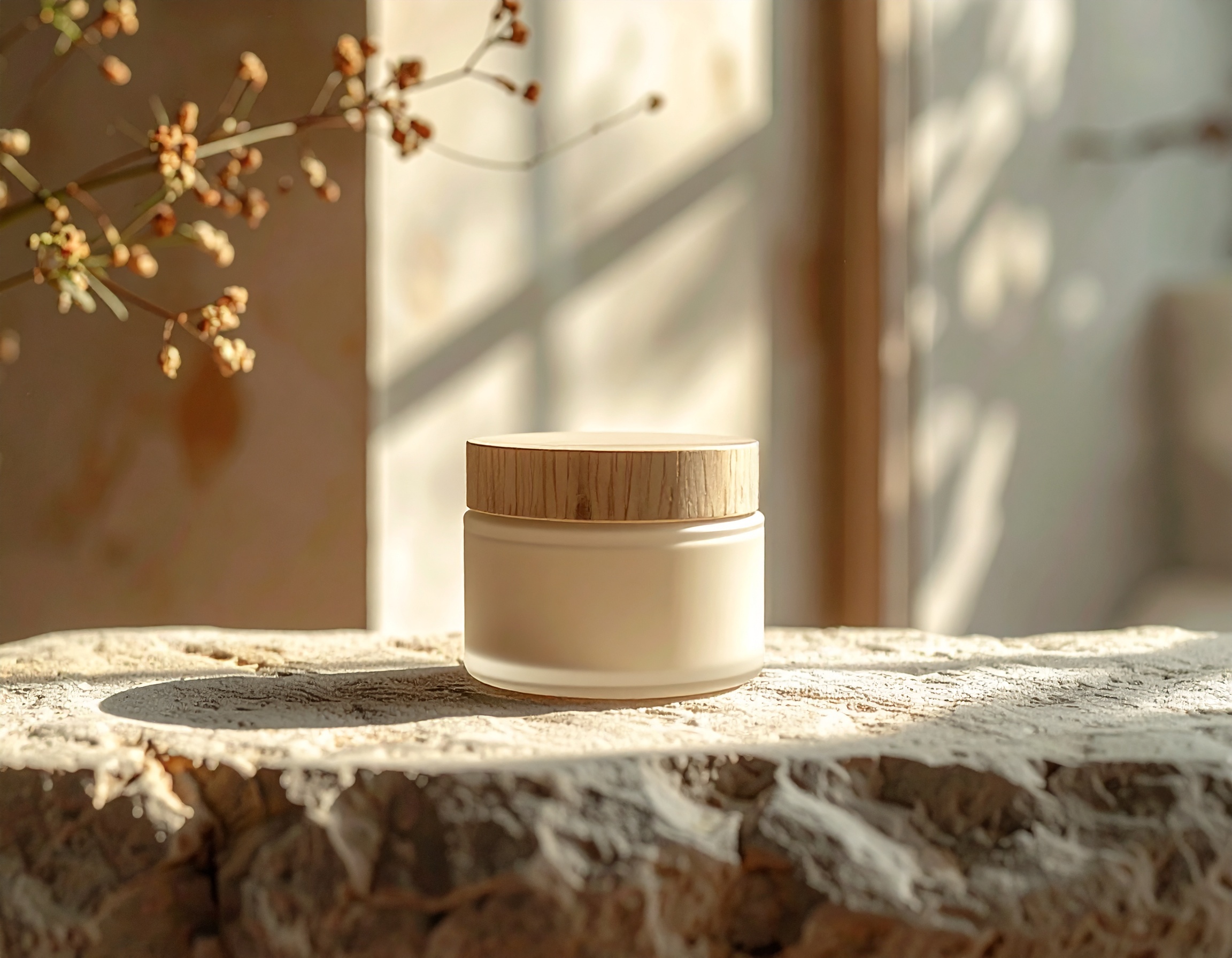 A frosted glass jar with a wooden lid sits elegantly on a stone surface, illuminated