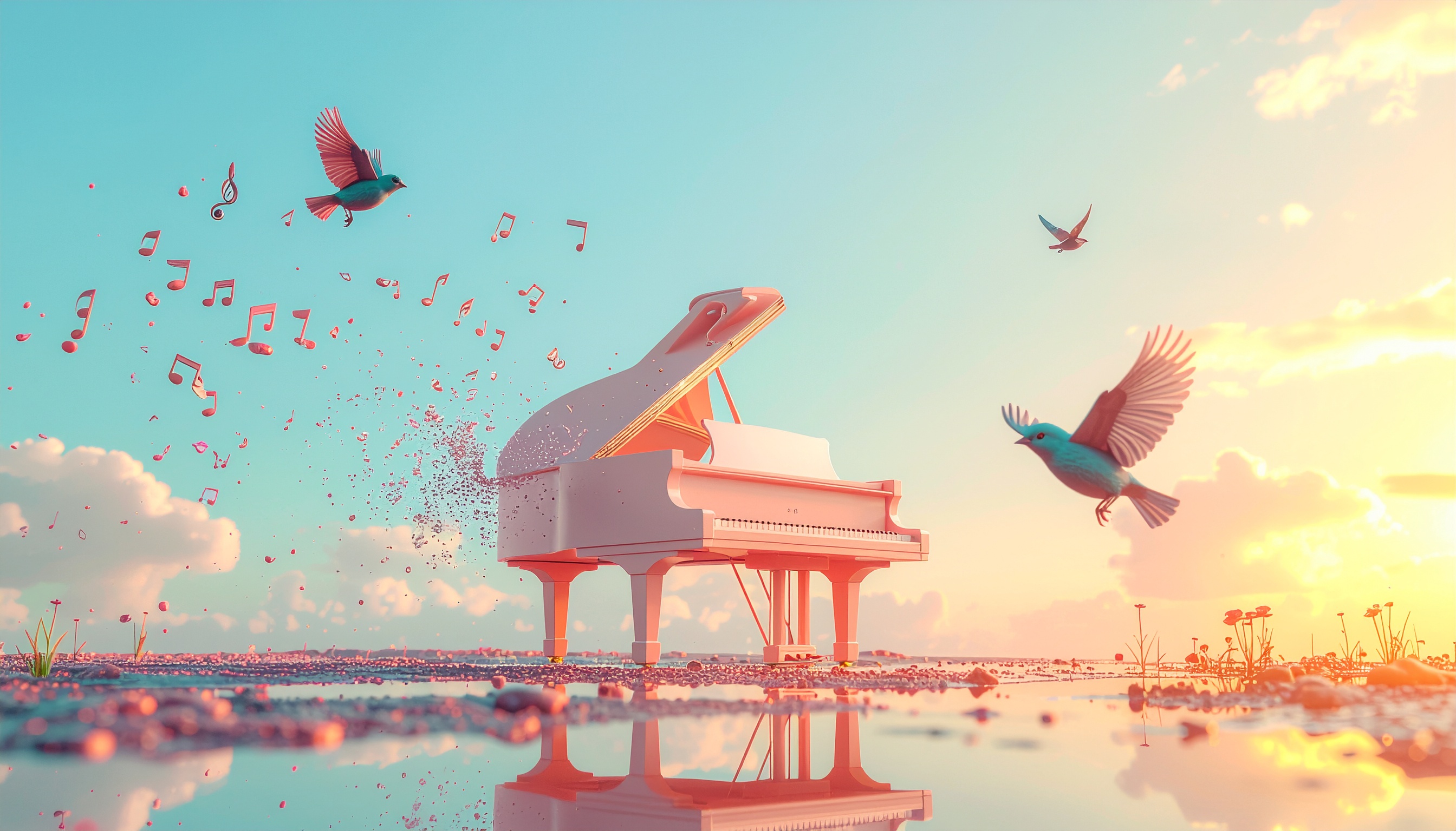 Cena surreal com um piano de cauda rosa em meio a uma paisagem etérea, cercado por notas musicais flutuantes e pássaros em voo. A composição utiliza cores pastéis, criando uma atmosfera mágica e sonhadora. O reflexo na água espelha o céu azul suave pontuado por nuvens, enquanto a luz do pôr-do-sol adiciona um brilho dourado à cena. A profundidade é enfatizada pelo contraste entre o piano detalhado em primeiro plano e o horizonte distante.
